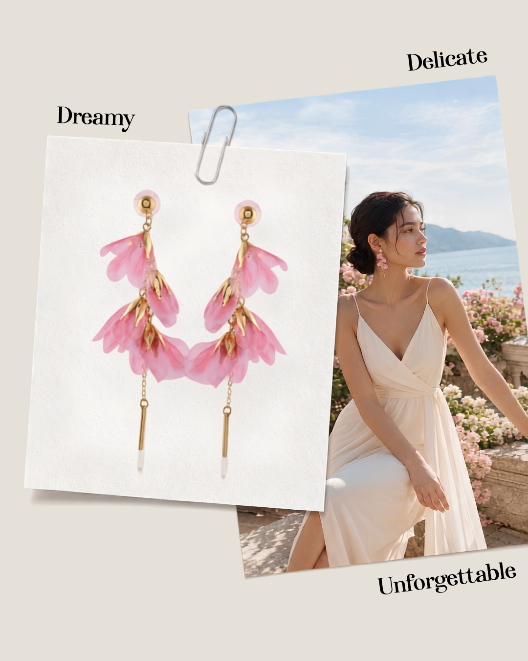Pink Floral Drop Earrings with Chain Accent