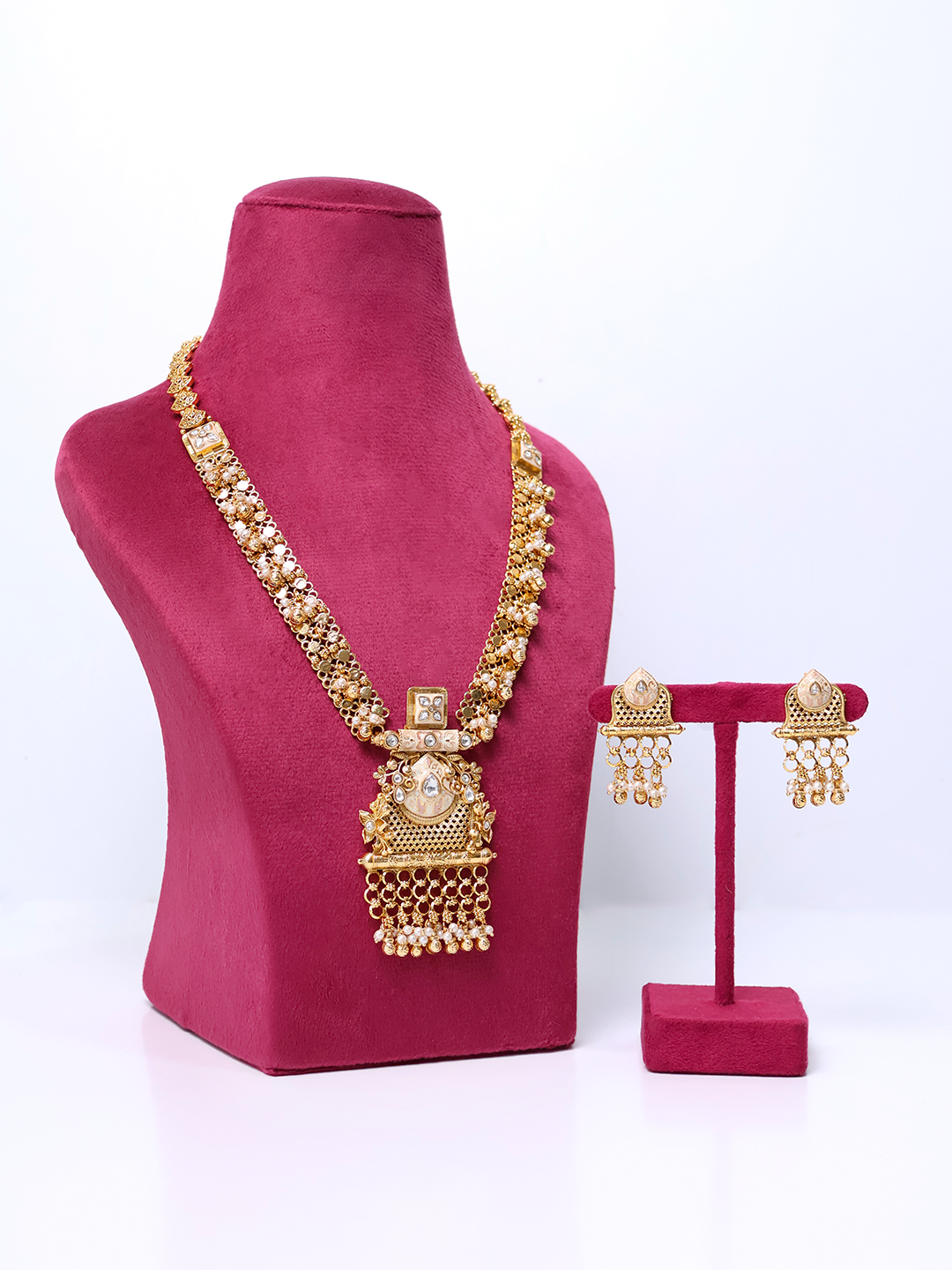 Antique Finish Long  Dangling Pearls Necklace Set