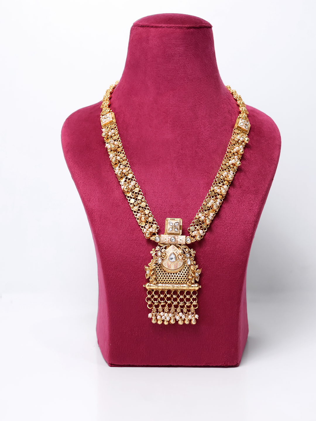 Antique Finish Long  Dangling Pearls Necklace Set