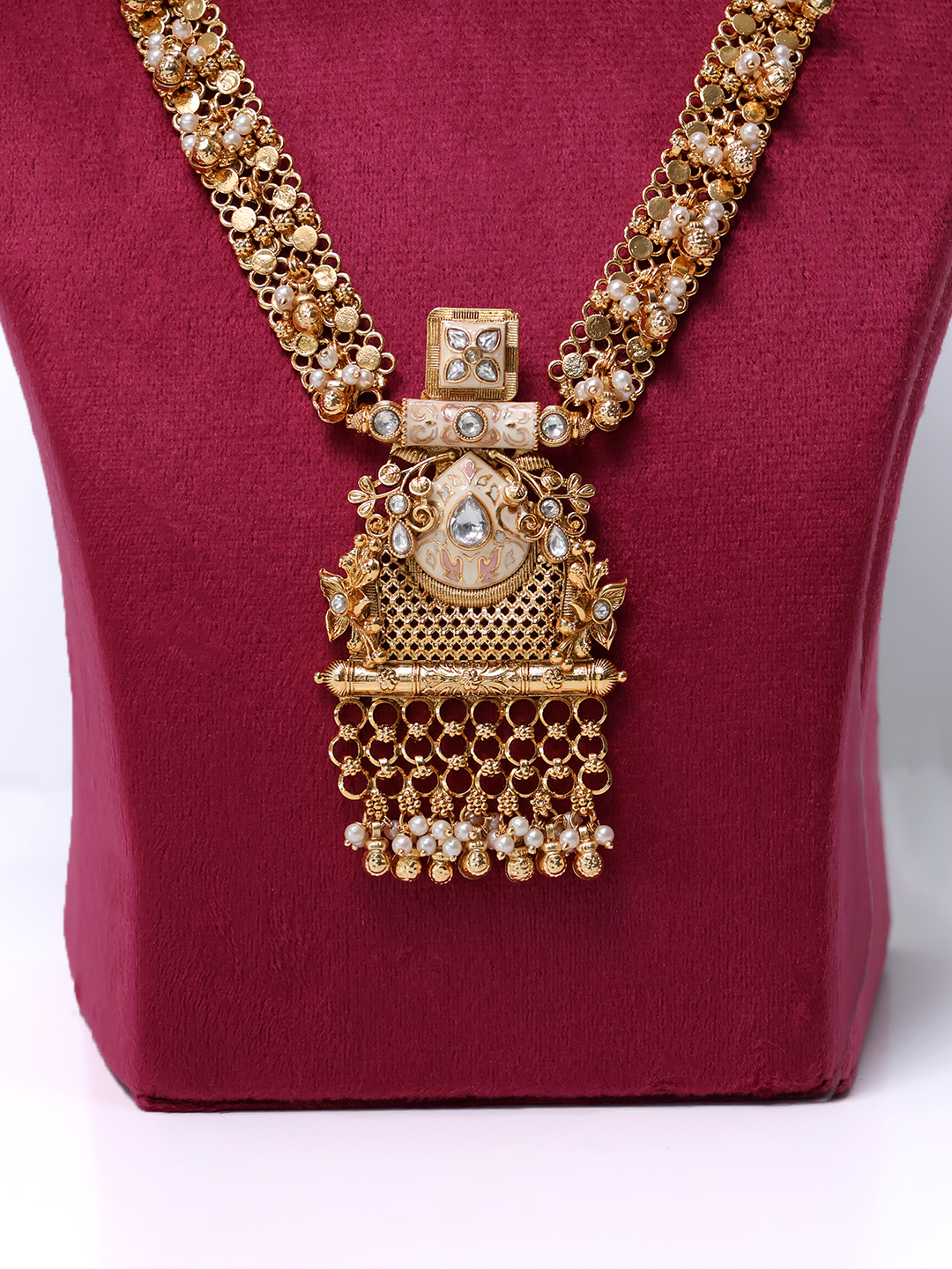 Antique Finish Long  Dangling Pearls Necklace Set