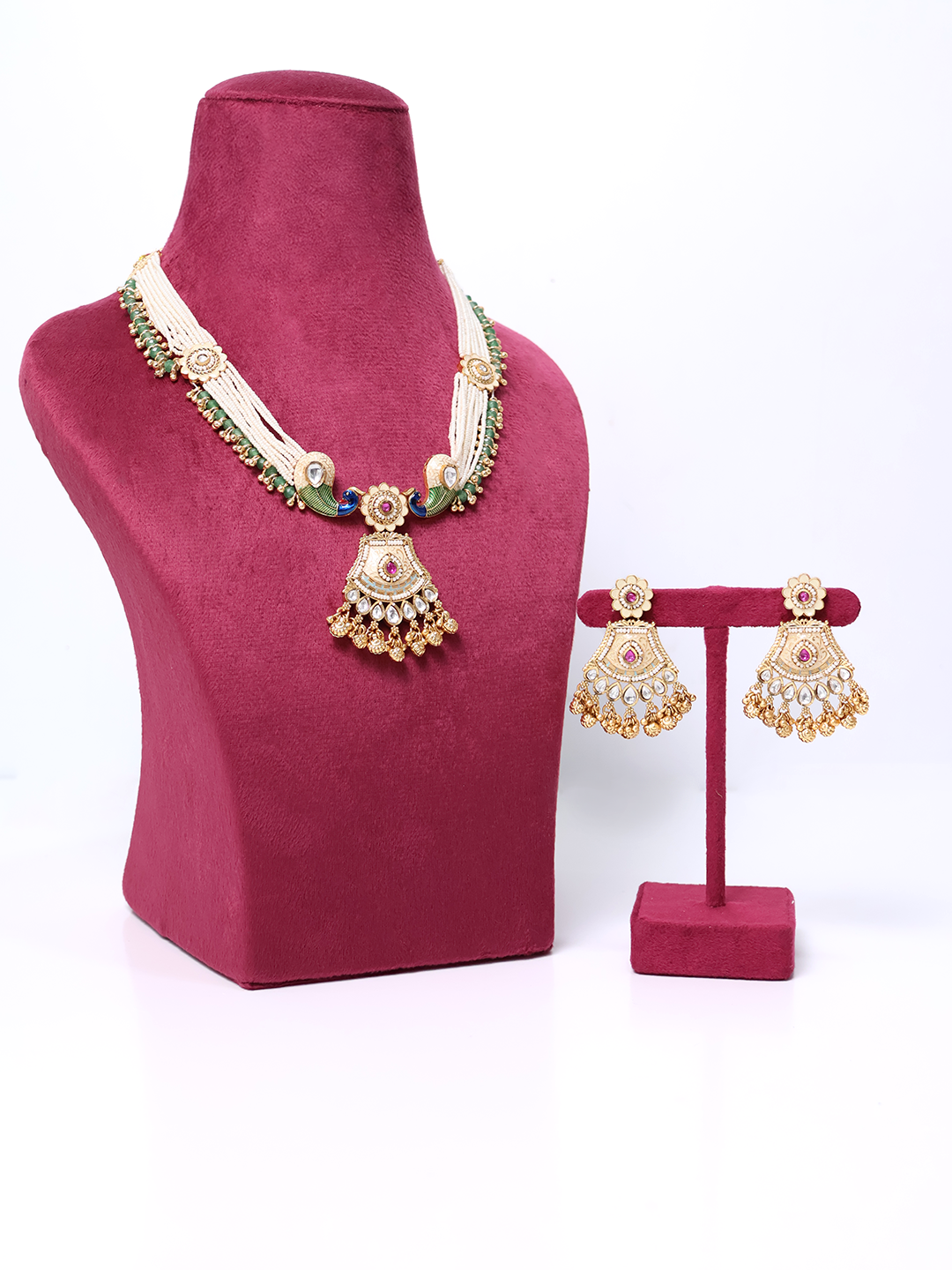 Royal Kundan Peacock Pearl Dangler Necklace Set