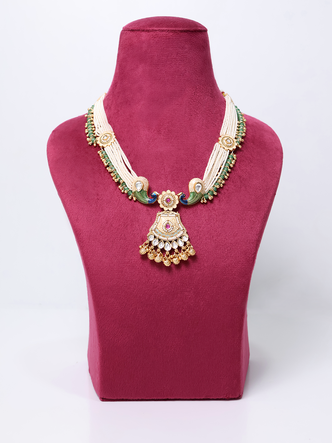 Royal Kundan Peacock Pearl Dangler Necklace Set