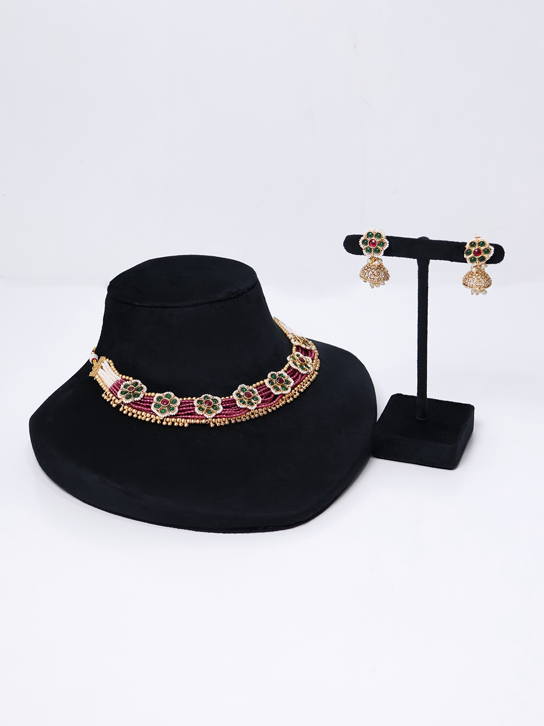 Zari Gul Ruby Emeral Floral Choker Set