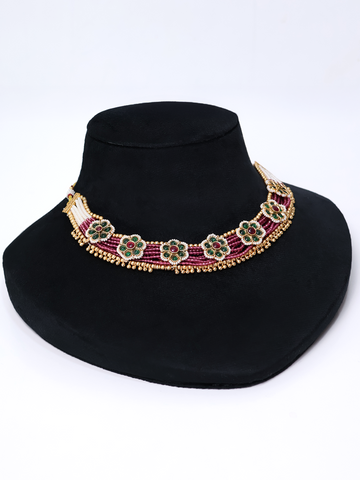 Zari Gul Ruby Emeral Floral Choker Set