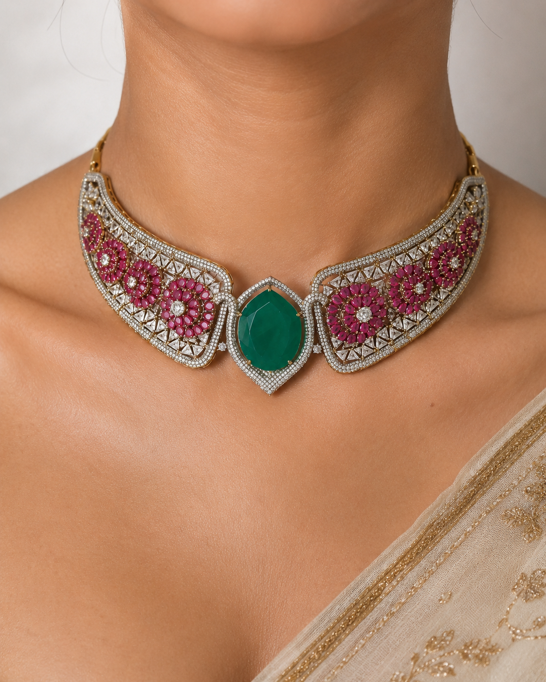 Gulnaar Emerald Royale Choker fusion Necklace Set