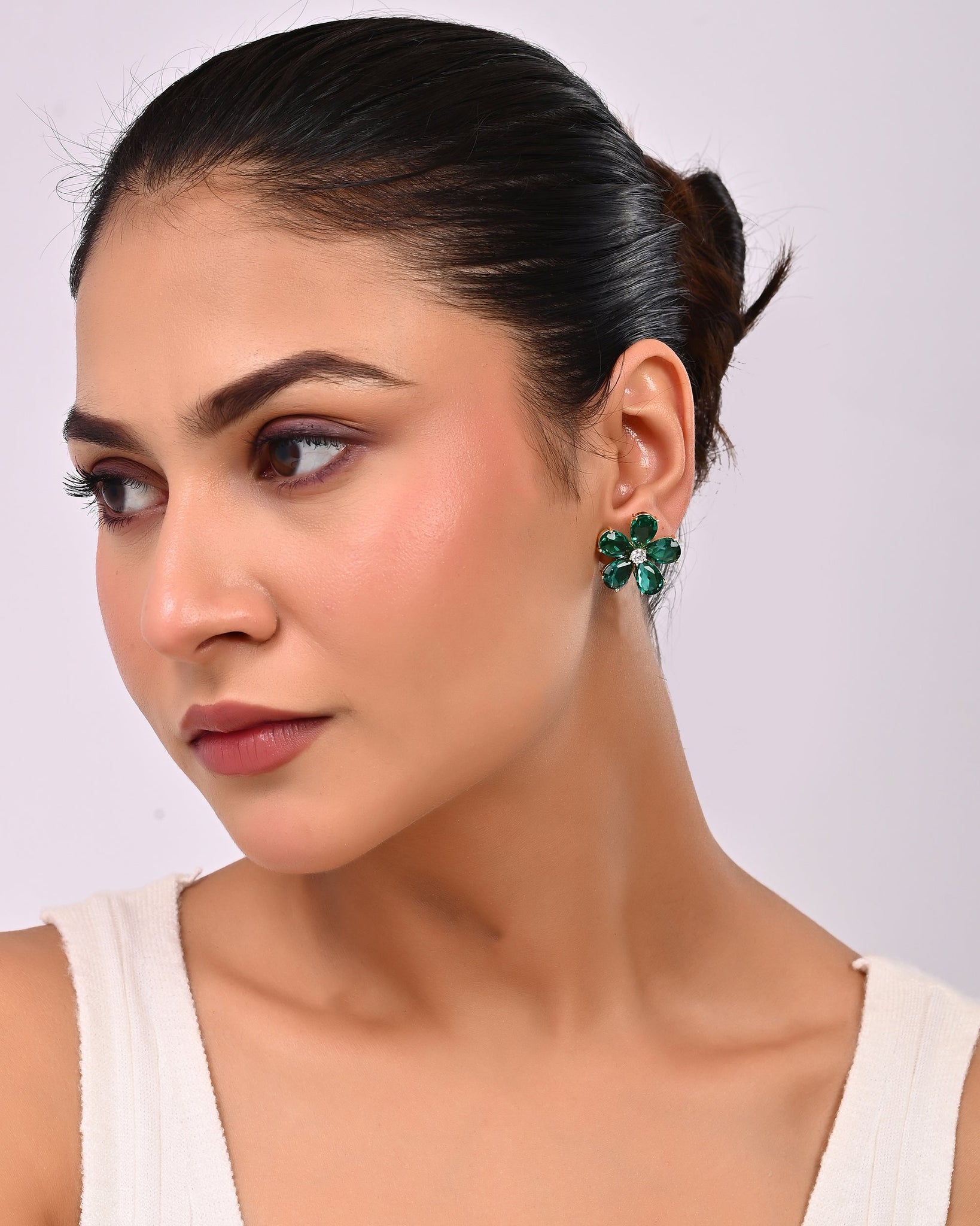 Teal Crystal Flower Stud Earrings