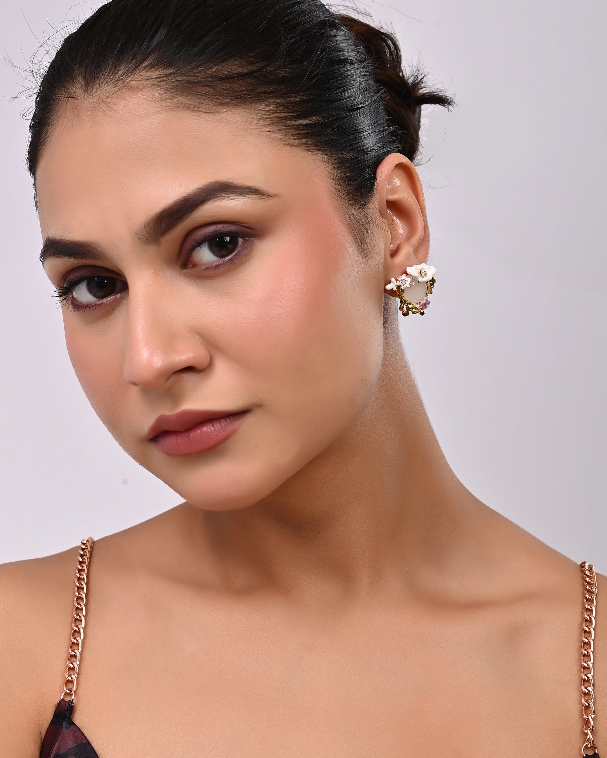 Enamel Floral Wreath & Cabochon Stud Earrings