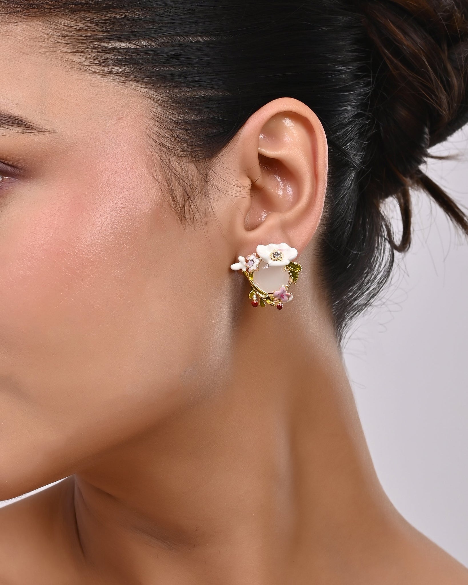 Enamel Floral Wreath & Cabochon Stud Earrings