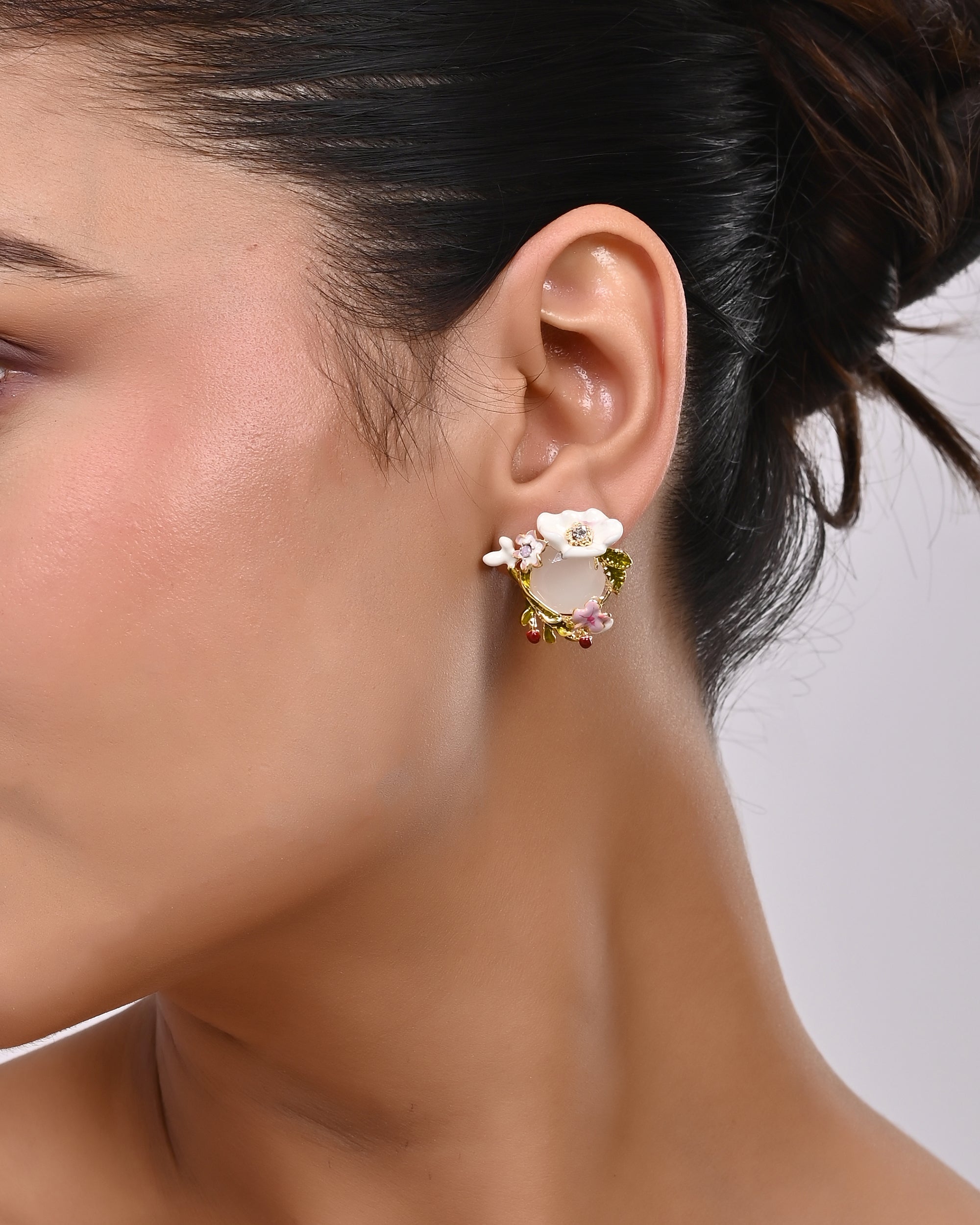 Enamel Floral Wreath & Cabochon Stud Earrings