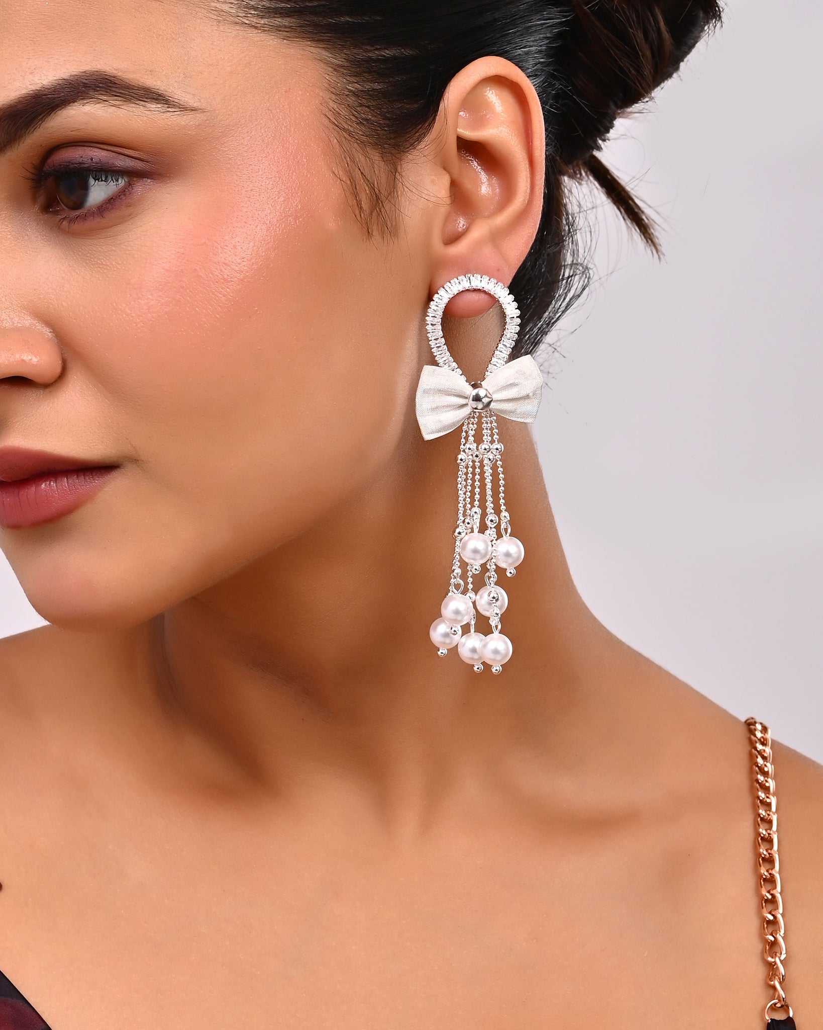 Ballerina Ribbon-Knot Cascade Fringe with Pearl Drop Earrings