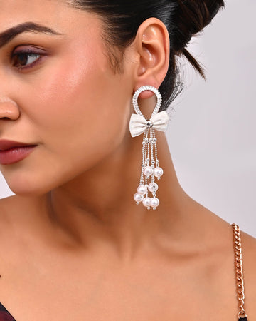 Ballerina Ribbon-Knot Cascade Fringe with Pearl Drop Earrings
