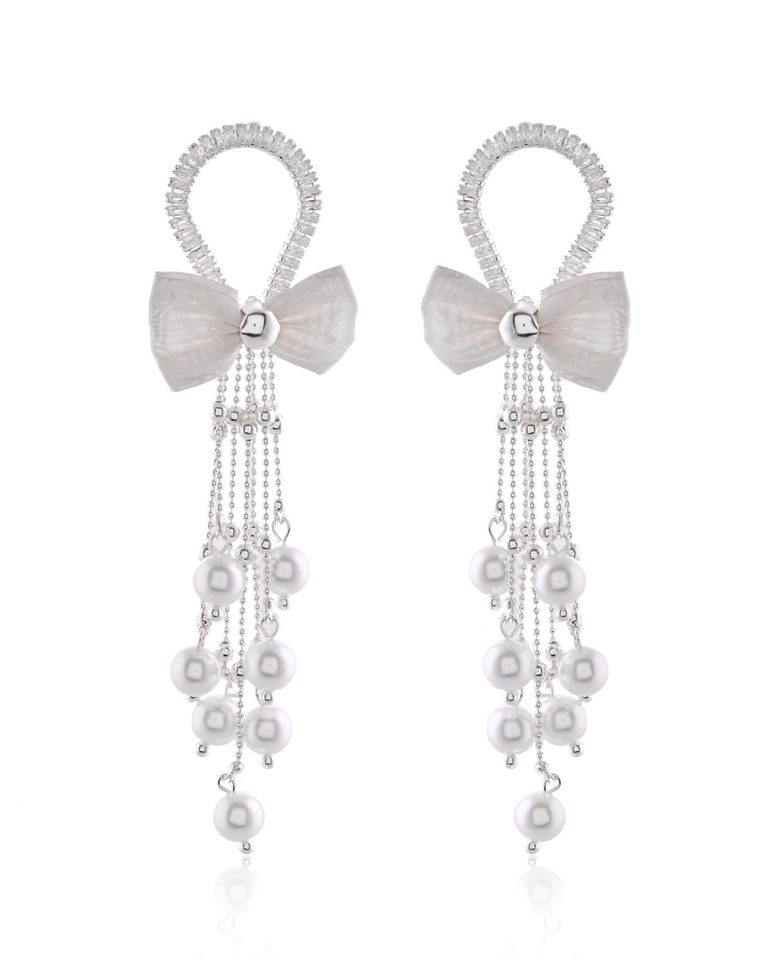 Ballerina Ribbon-Knot Cascade Fringe with Pearl Drop Earrings