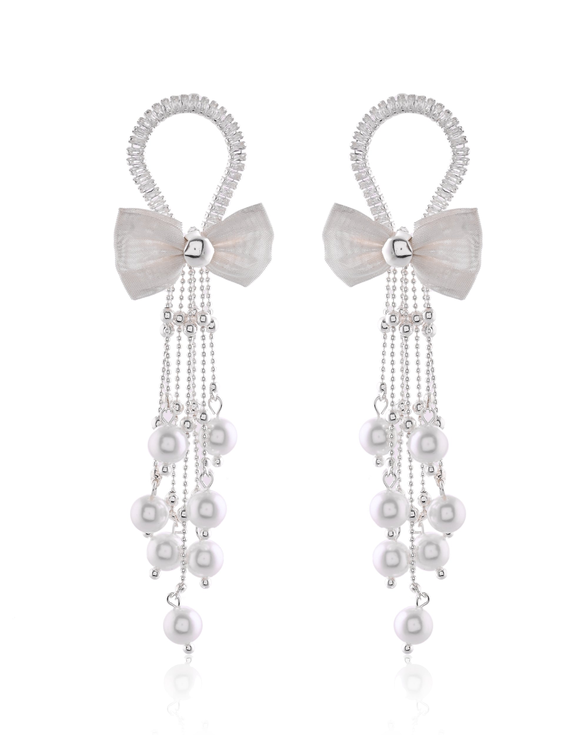 Ballerina Ribbon-Knot Cascade Fringe with Pearl Drop Earrings