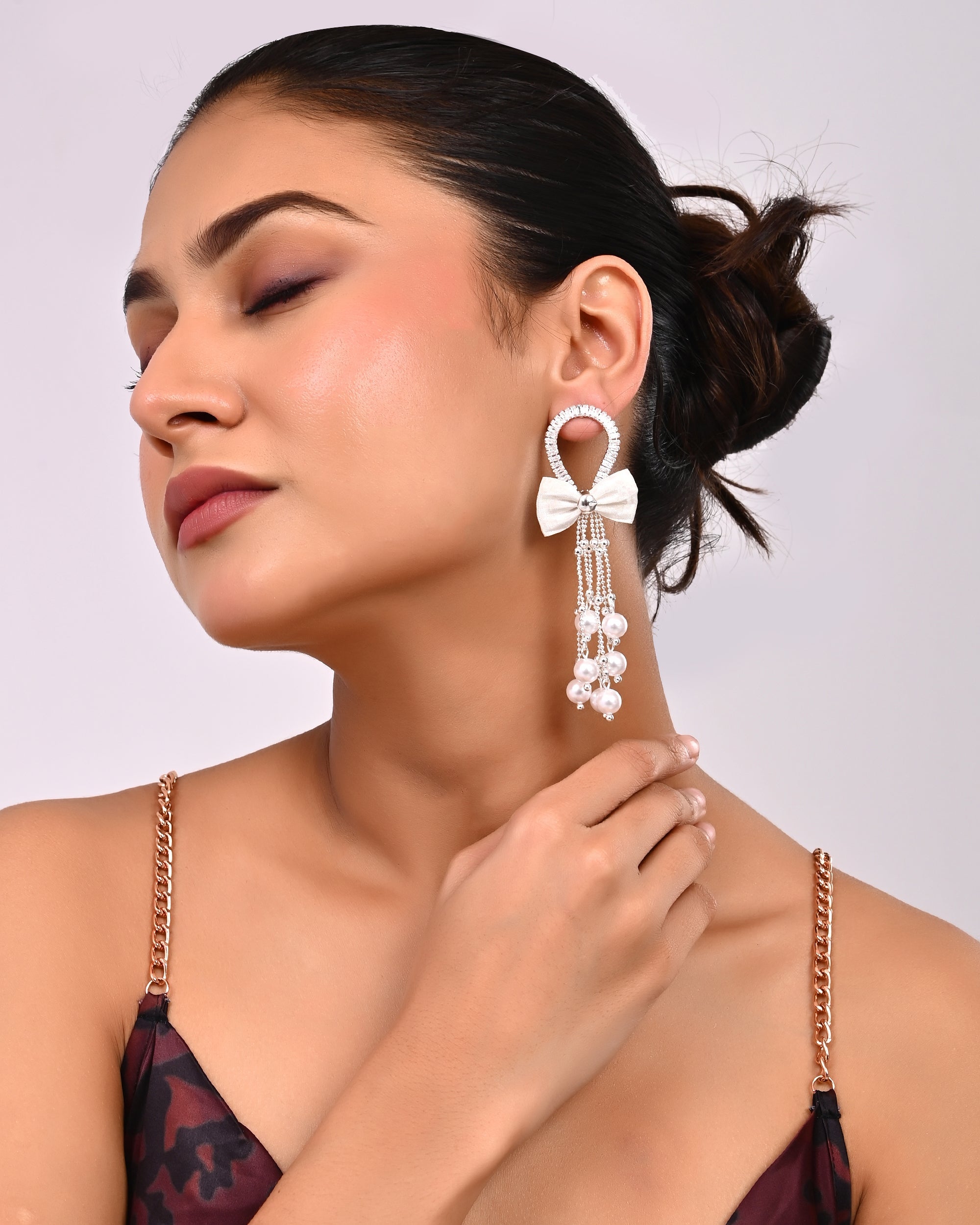 Ballerina Ribbon-Knot Cascade Fringe with Pearl Drop Earrings