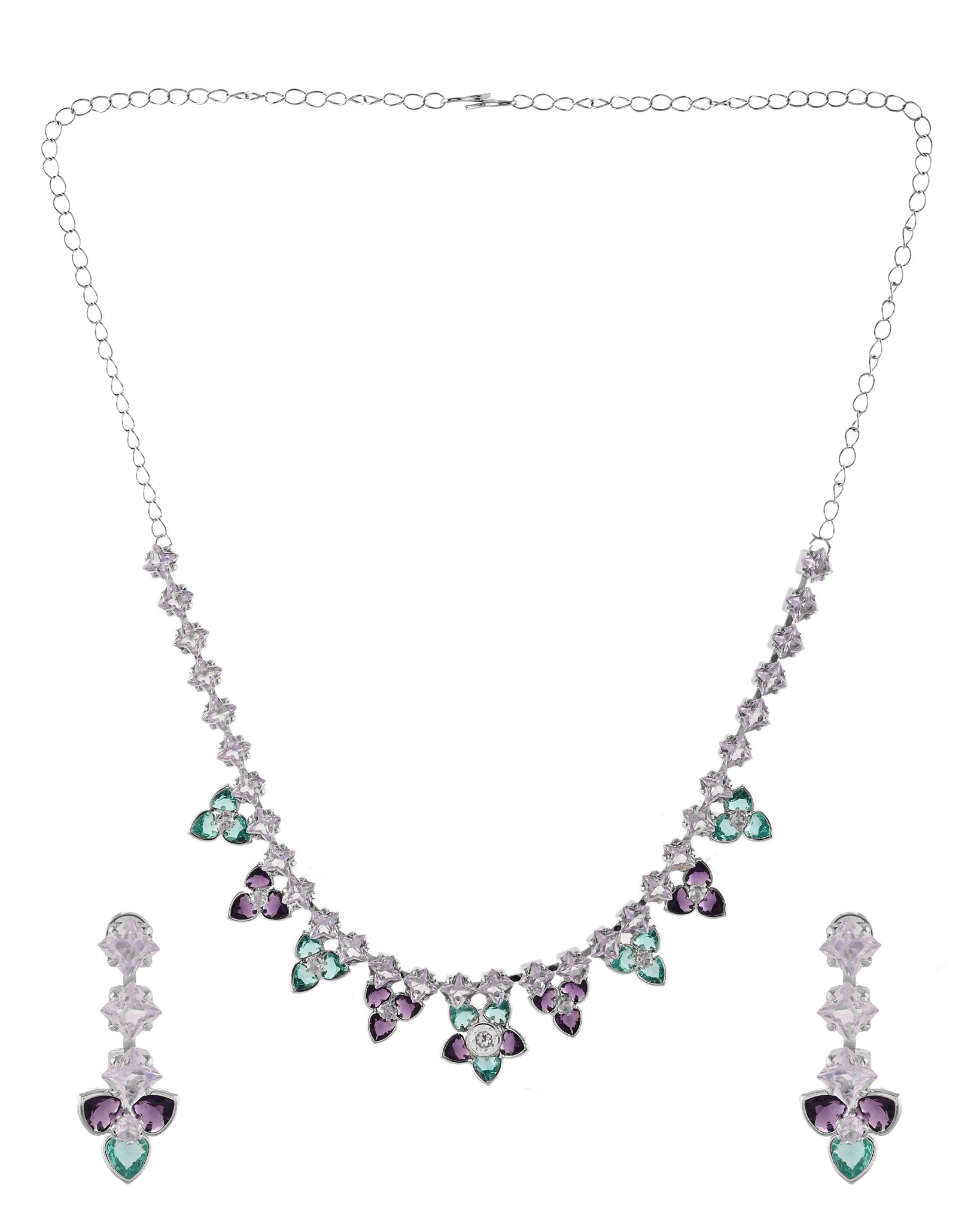 Azzurro American Diamond Floral Studs Pendants Choker Set
