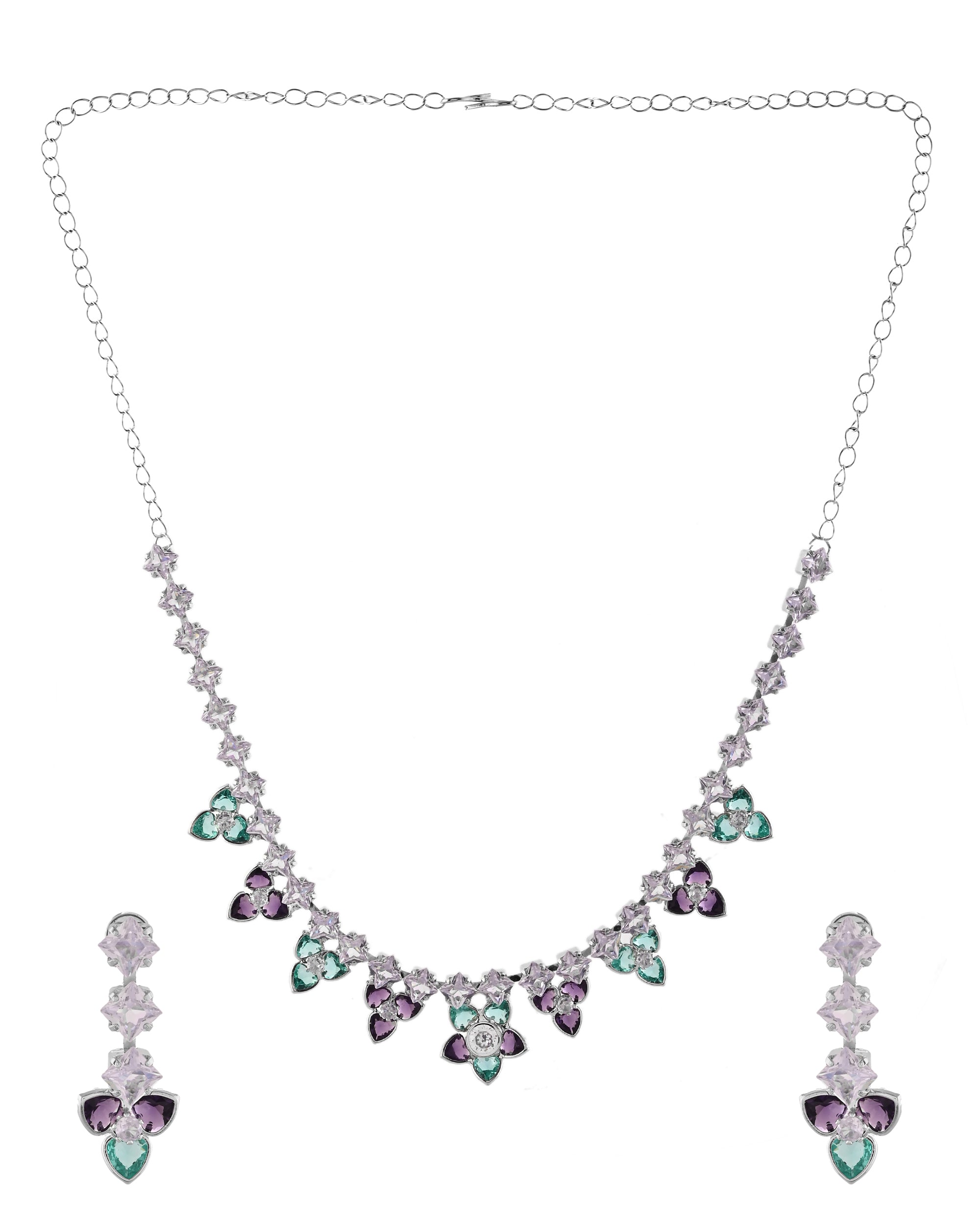Azzurro American Diamond Floral Studs Pendants Choker Set