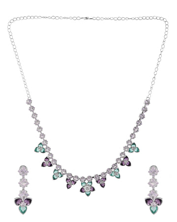 Azzurro American Diamond Floral Studs Pendants Choker Set