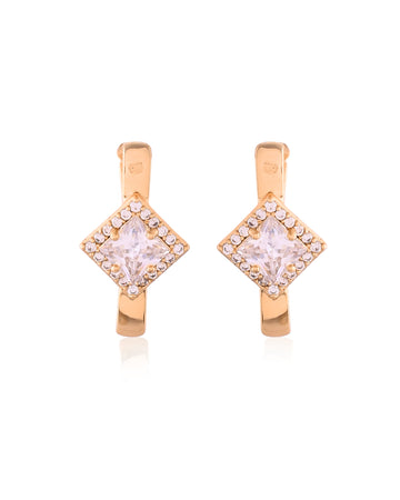 Princess-Cut Halo Crystal Gold Huggie Earrings