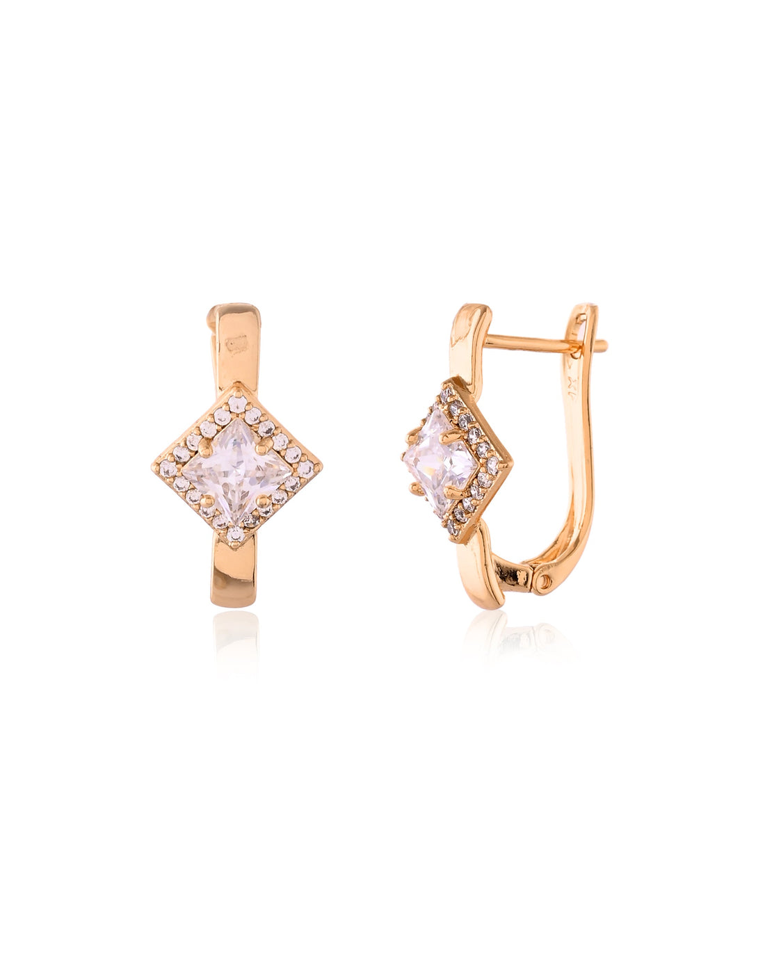 Princess-Cut Halo Crystal Gold Huggie Earrings