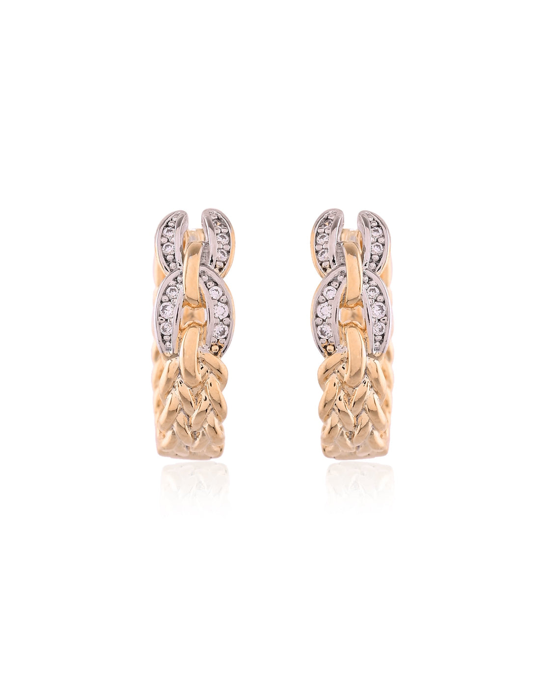 Braided Link Pave Two-Tone Huggie Hoops Earrings