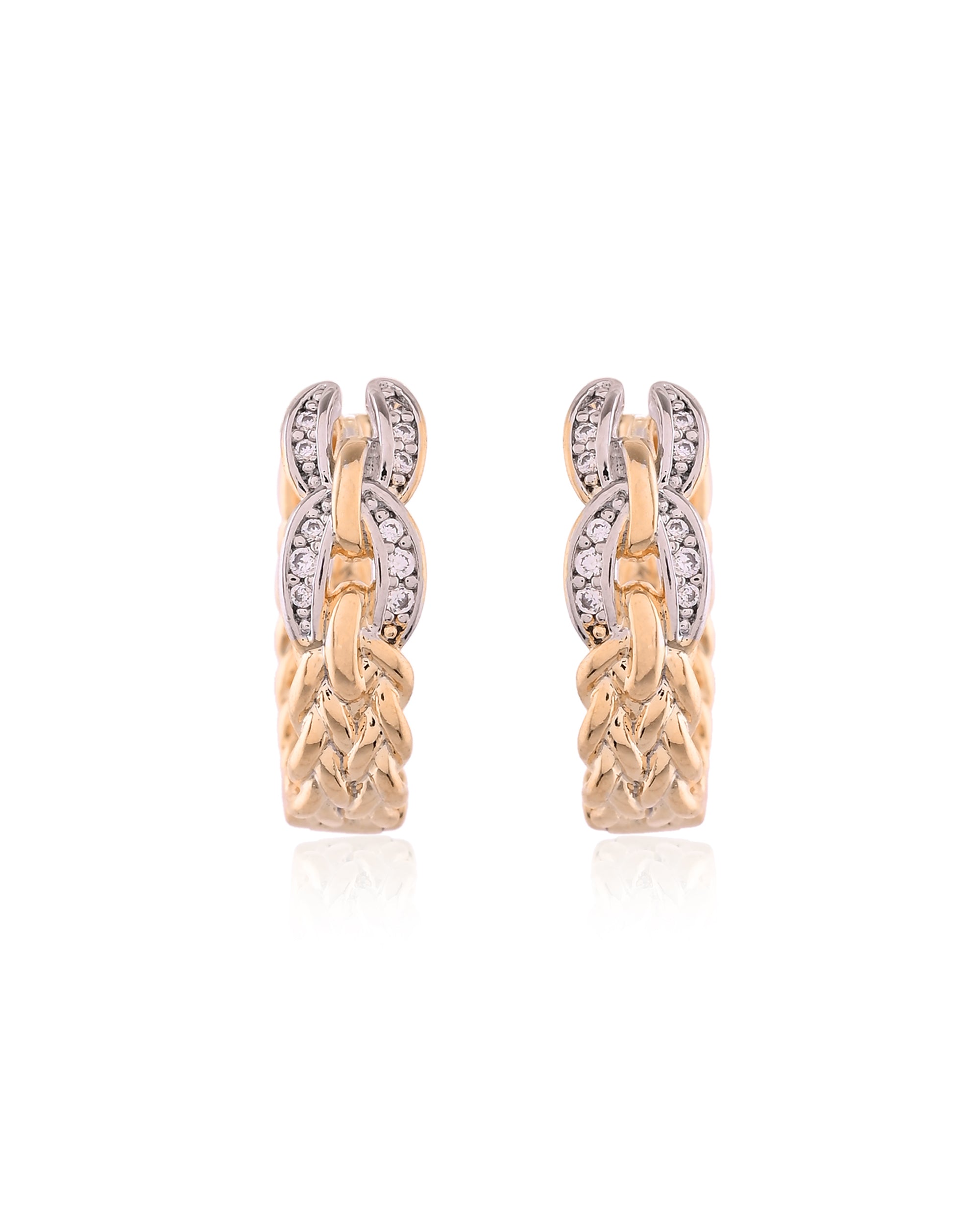 Braided Link Pave Two-Tone Huggie Hoops Earrings