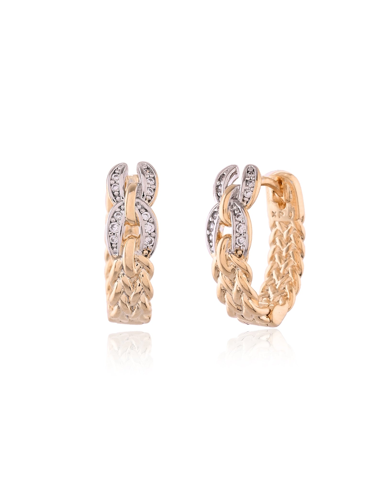 Braided Link Pave Two-Tone Huggie Hoops Earrings