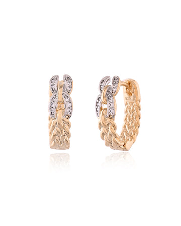 Braided Link Pave Two-Tone Huggie Hoops Earrings