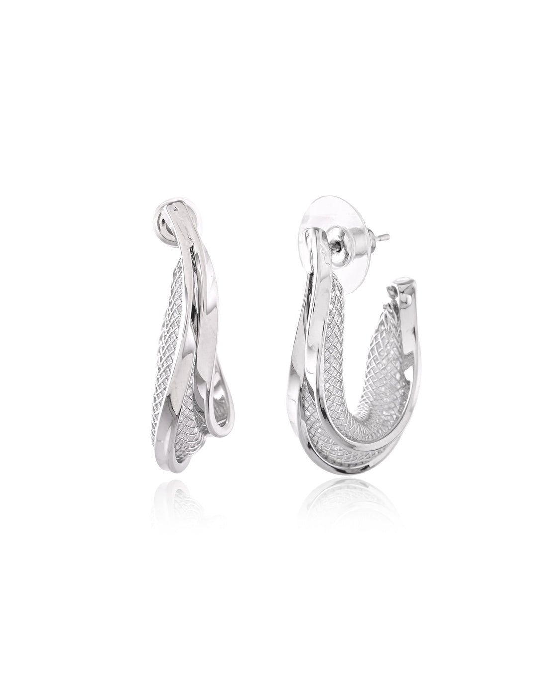Woven Mesh Crossover Silver Stud Earrings