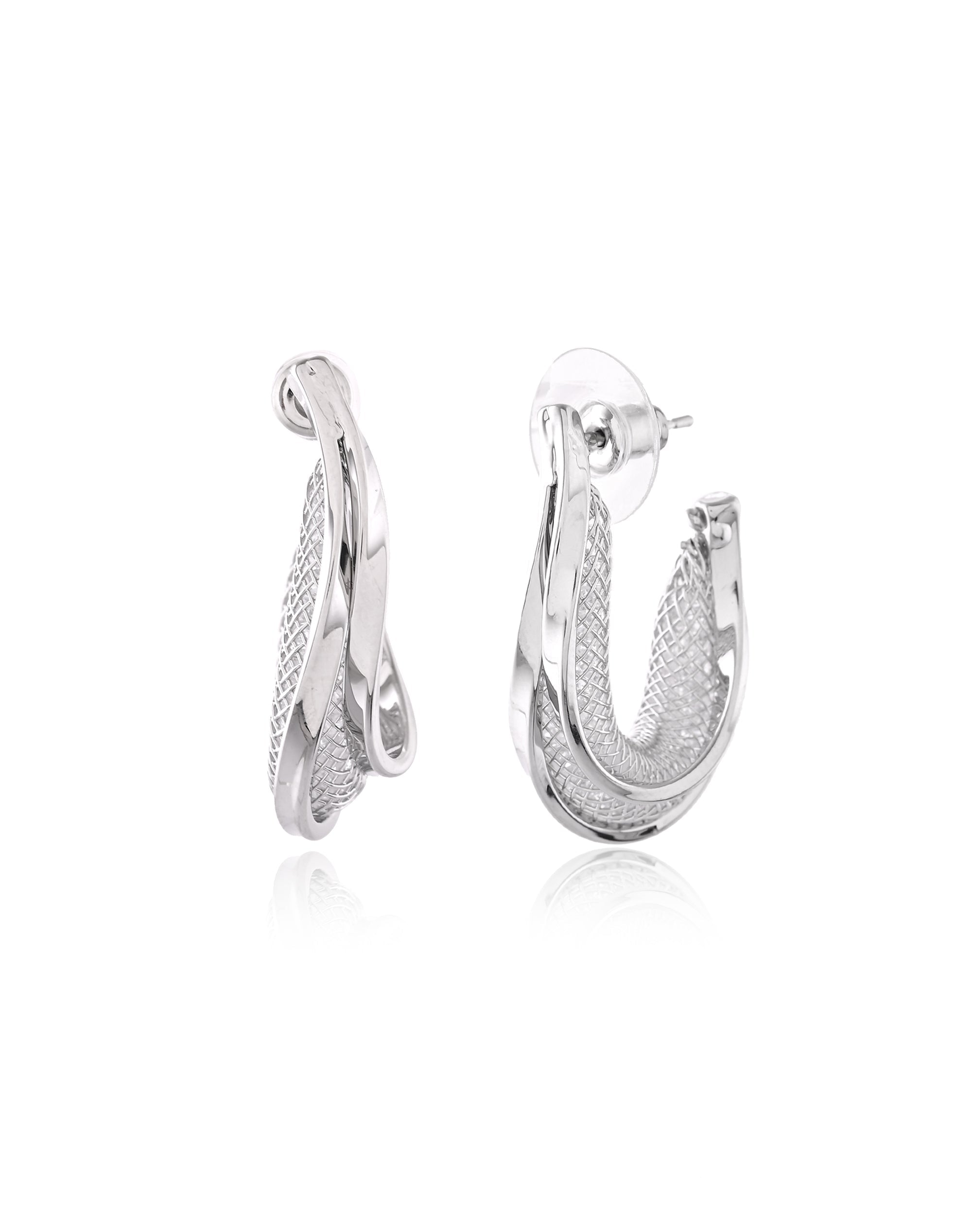 Woven Mesh Crossover Silver Stud Earrings