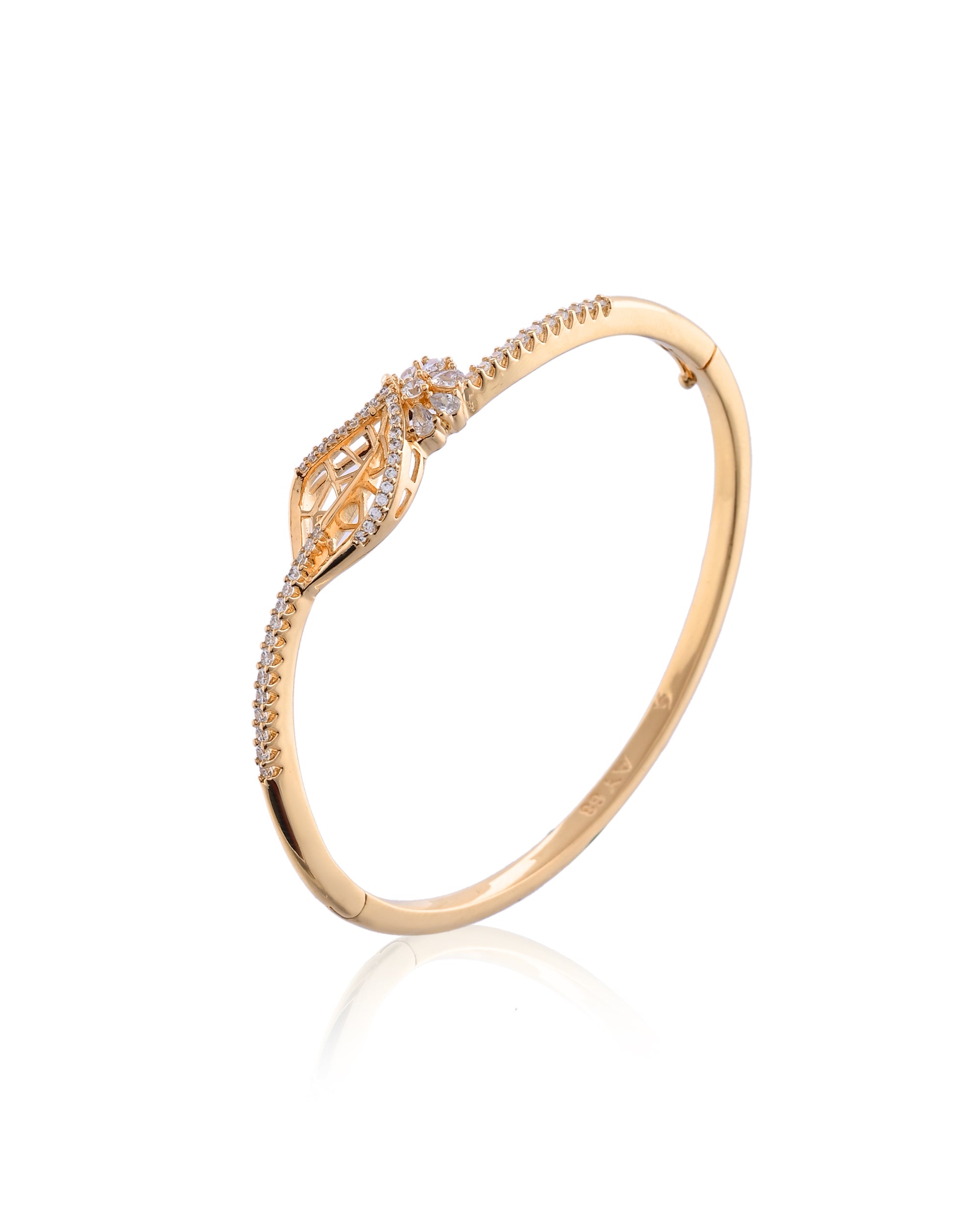 Pave Leaf and Cluster Flower Gold CZ Stone Bangle Bracelet