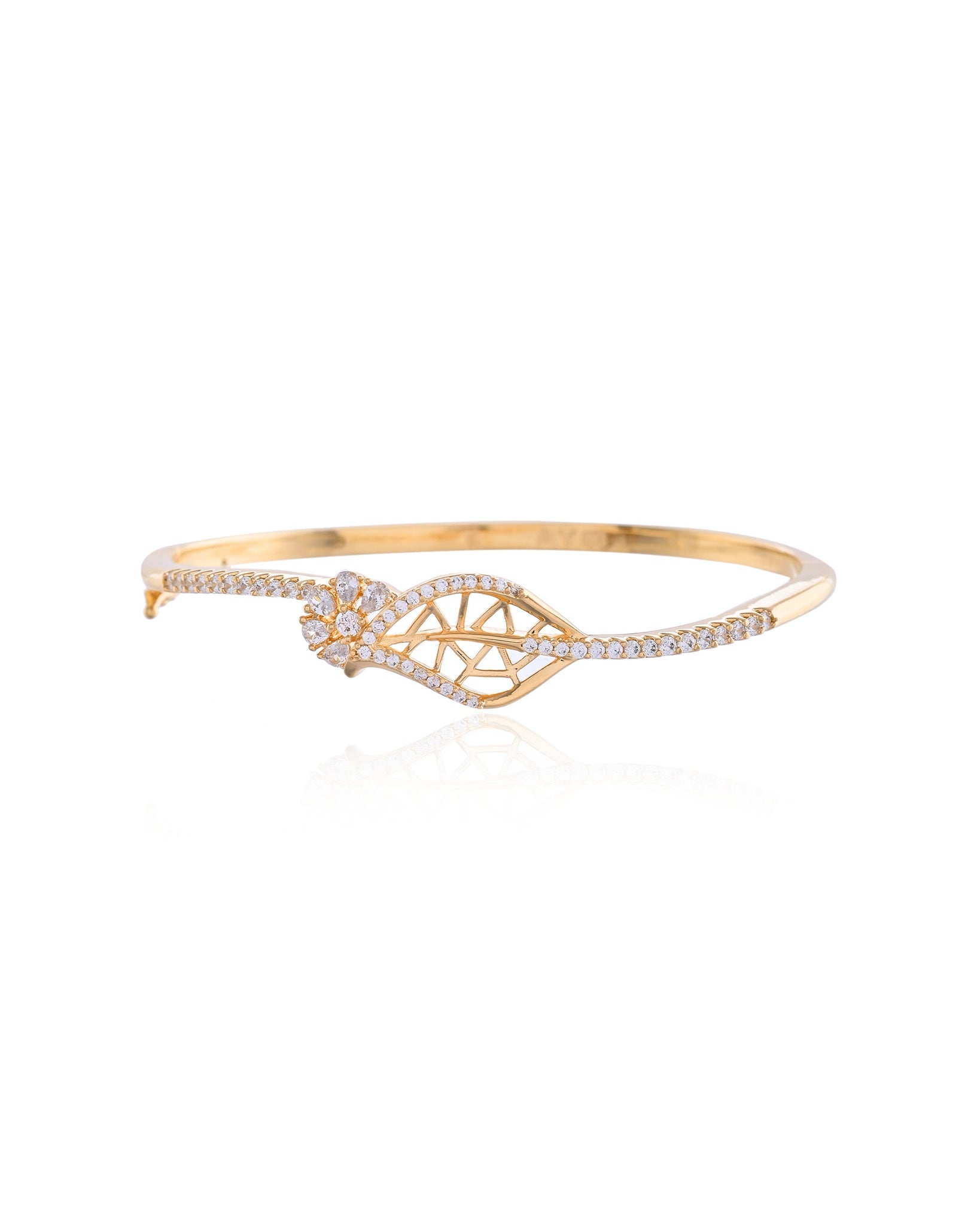 Pave Leaf and Cluster Flower Gold CZ Stone Bangle Bracelet