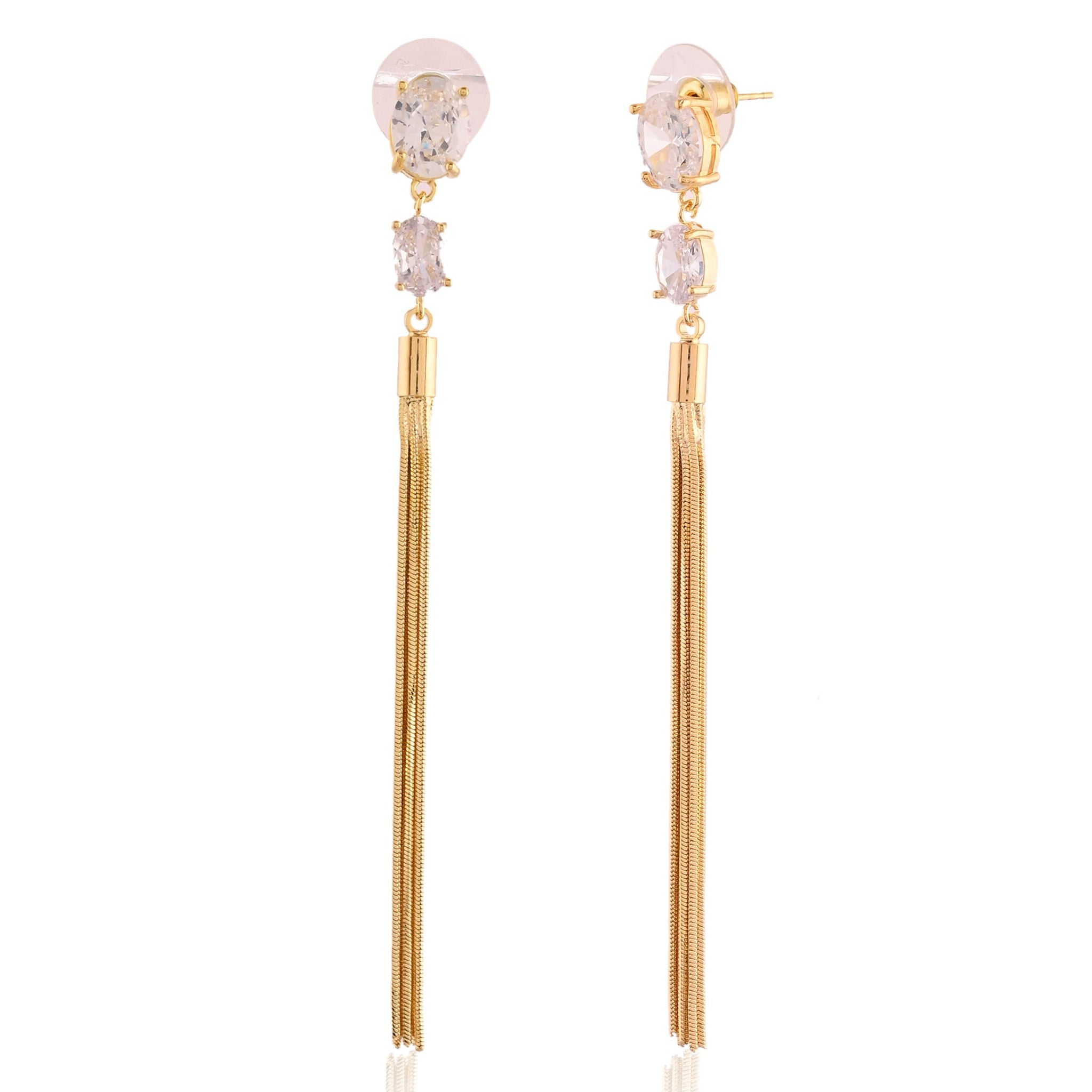 Dual-Cut CZ & Gold Stream Tassel Drop Earrings