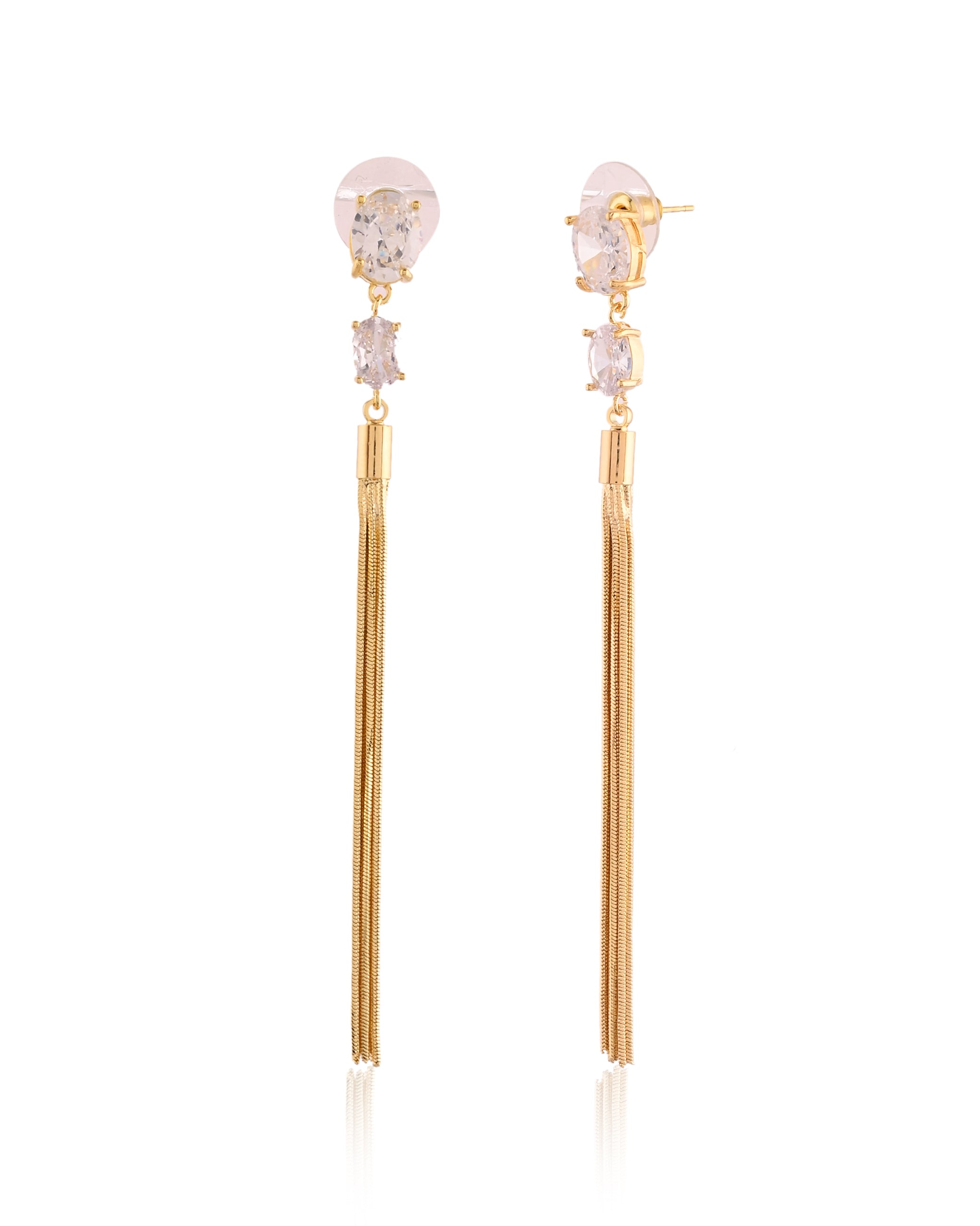 Dual-Cut CZ & Gold Stream Tassel Drop Earrings