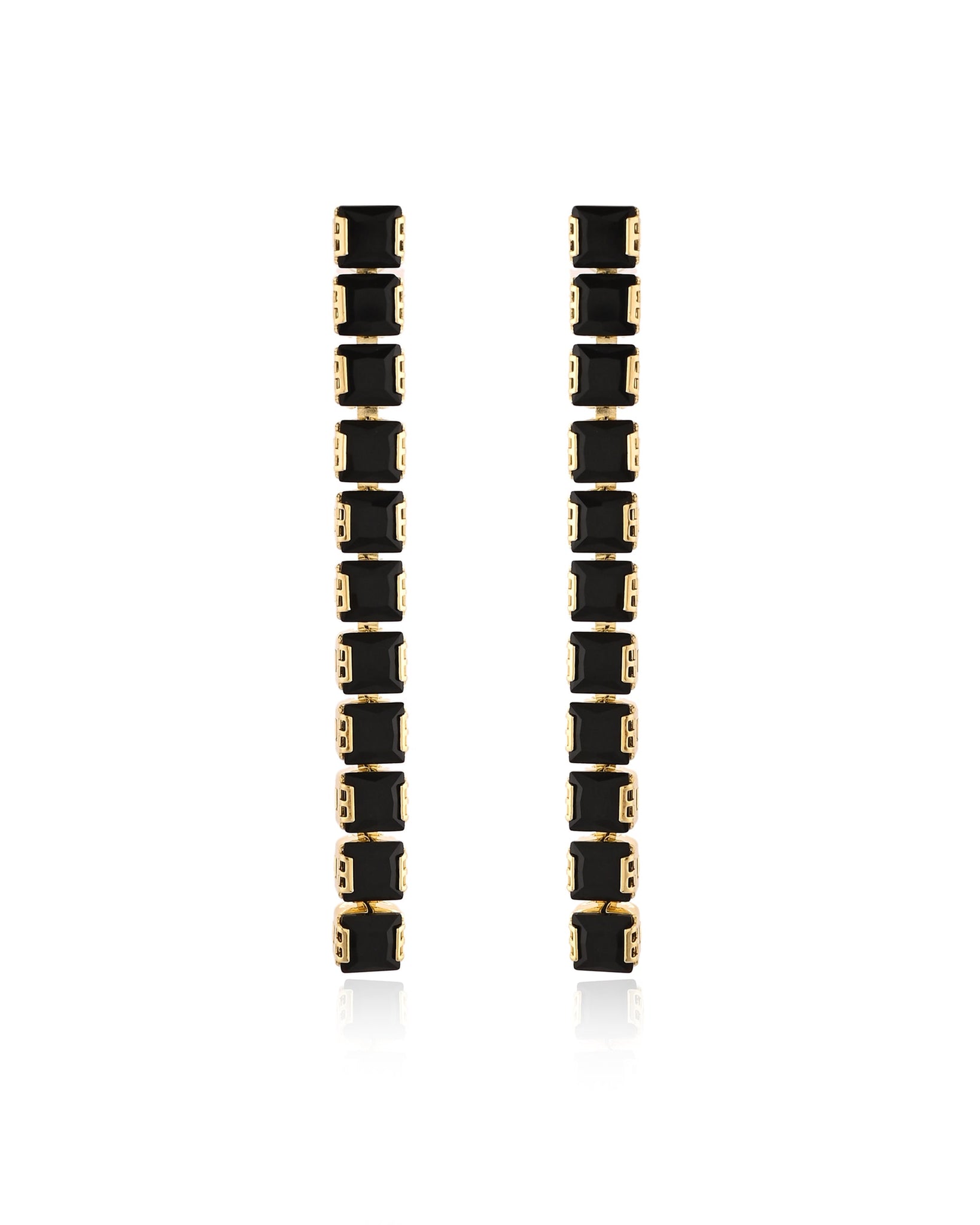 Modern Stacked Square Black Stone Gold Drop Earrings