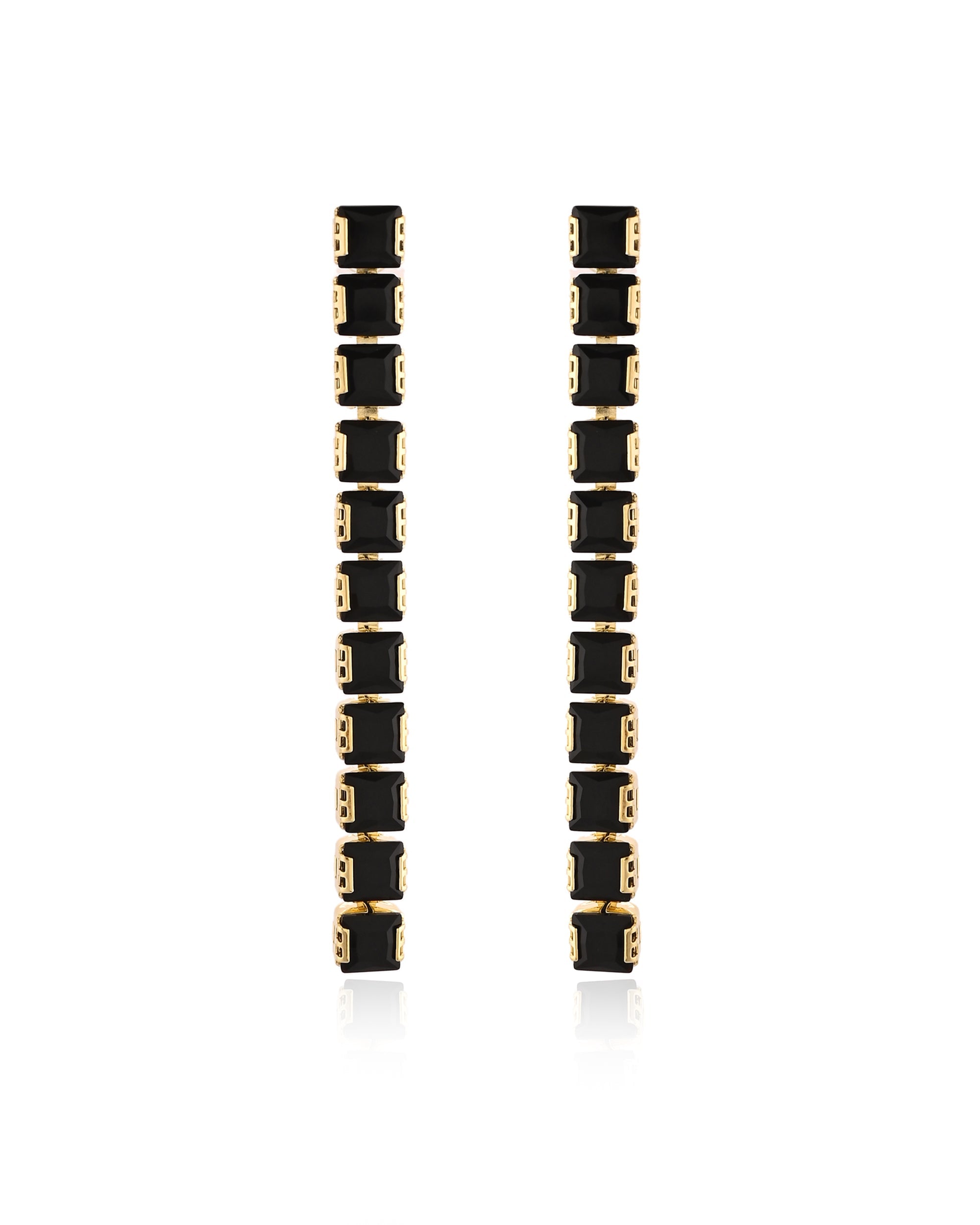 Modern Stacked Square Black Stone Gold Drop Earrings