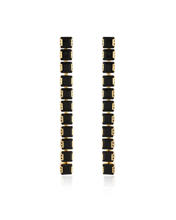 Modern Stacked Square Black Stone Gold Drop Earrings