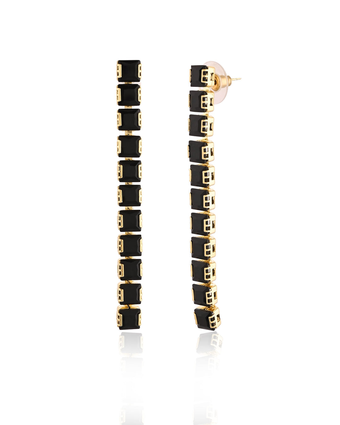 Modern Stacked Square Black Stone Gold Drop Earrings