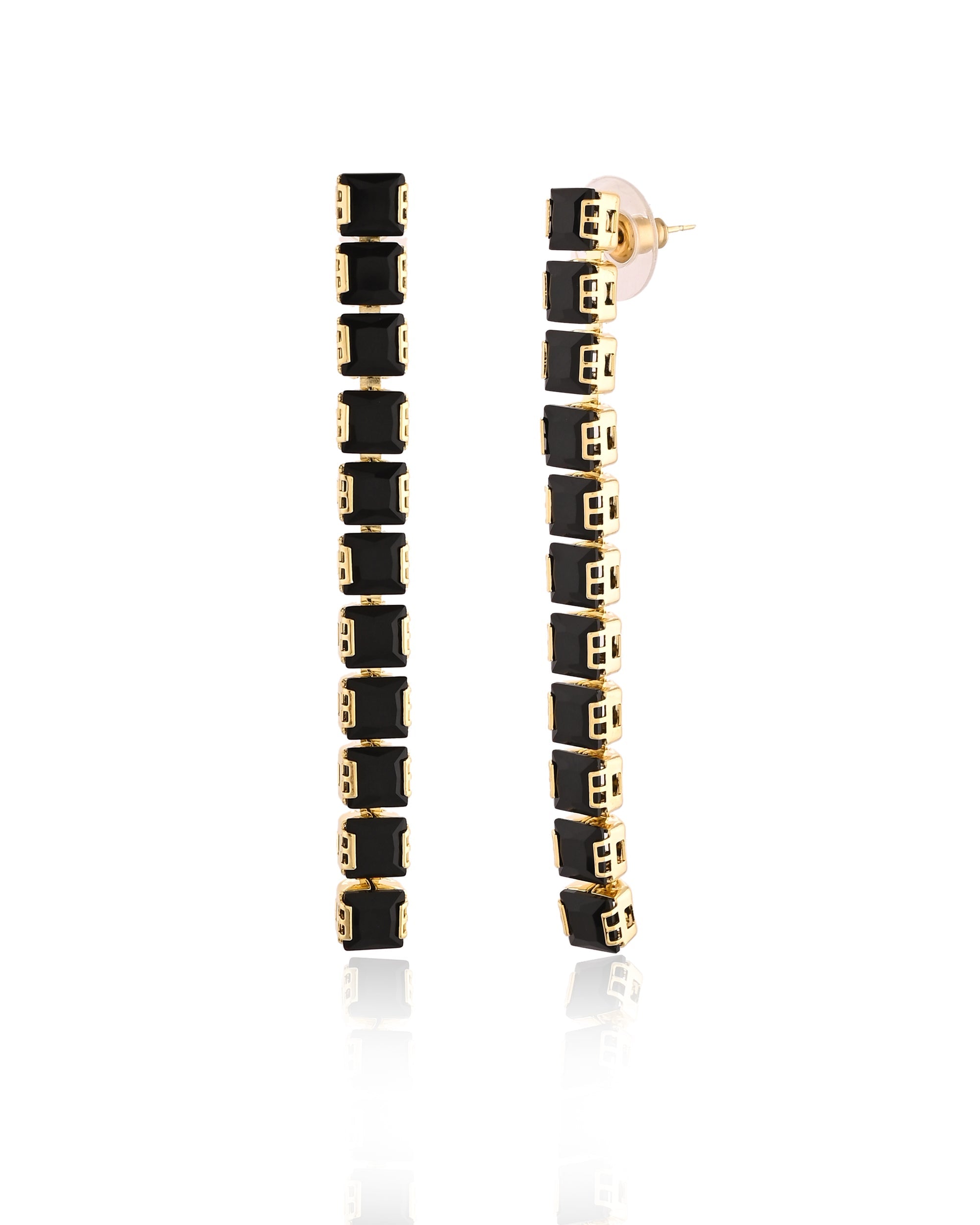 Modern Stacked Square Black Stone Gold Drop Earrings