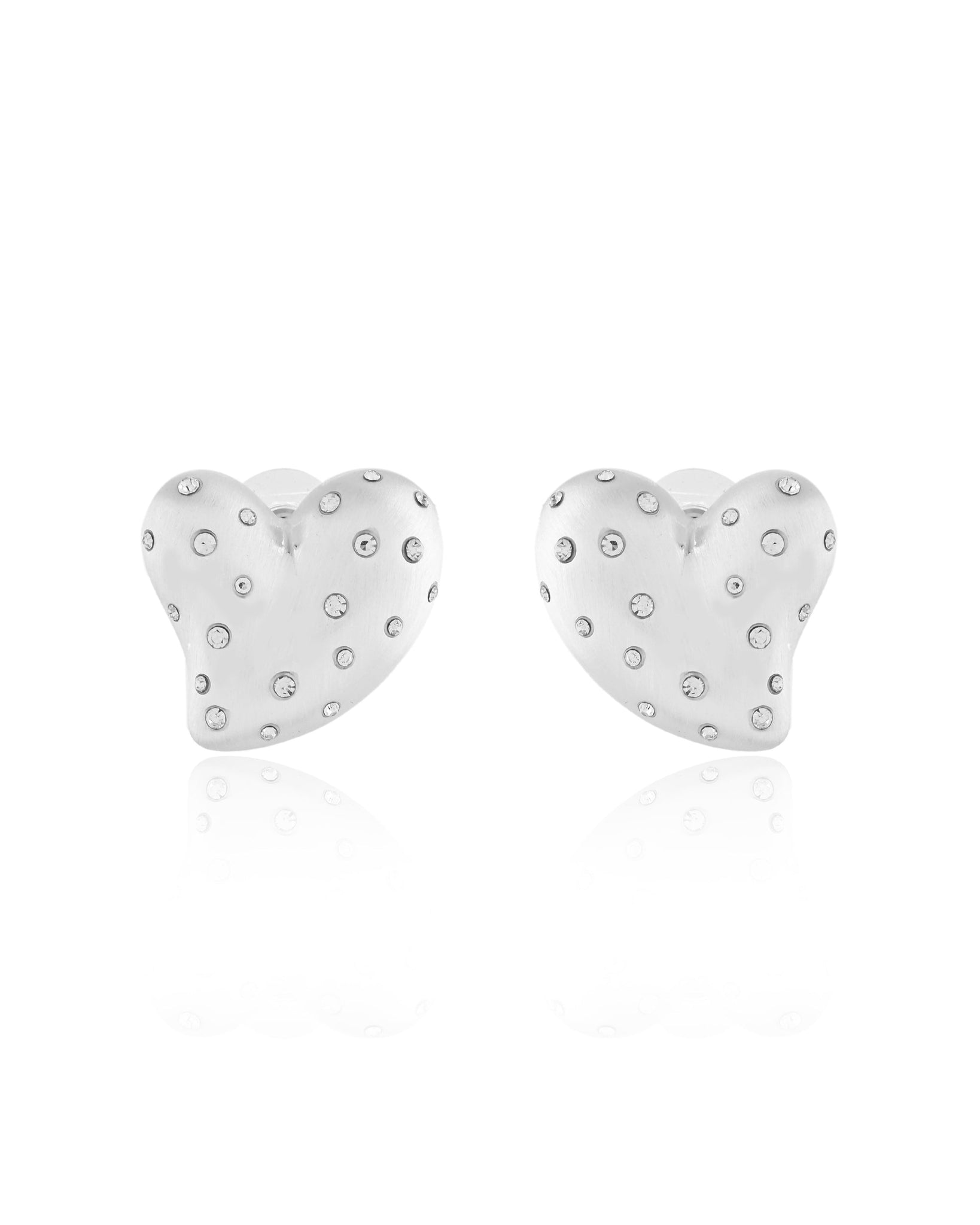 Matte Silver Puffy Heart Crystal Stud Earrings