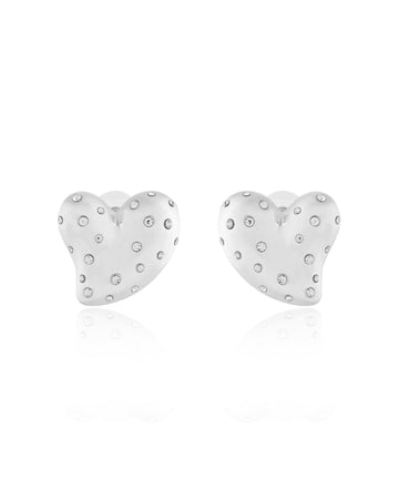 Matte Silver Puffy Heart Crystal Stud Earrings
