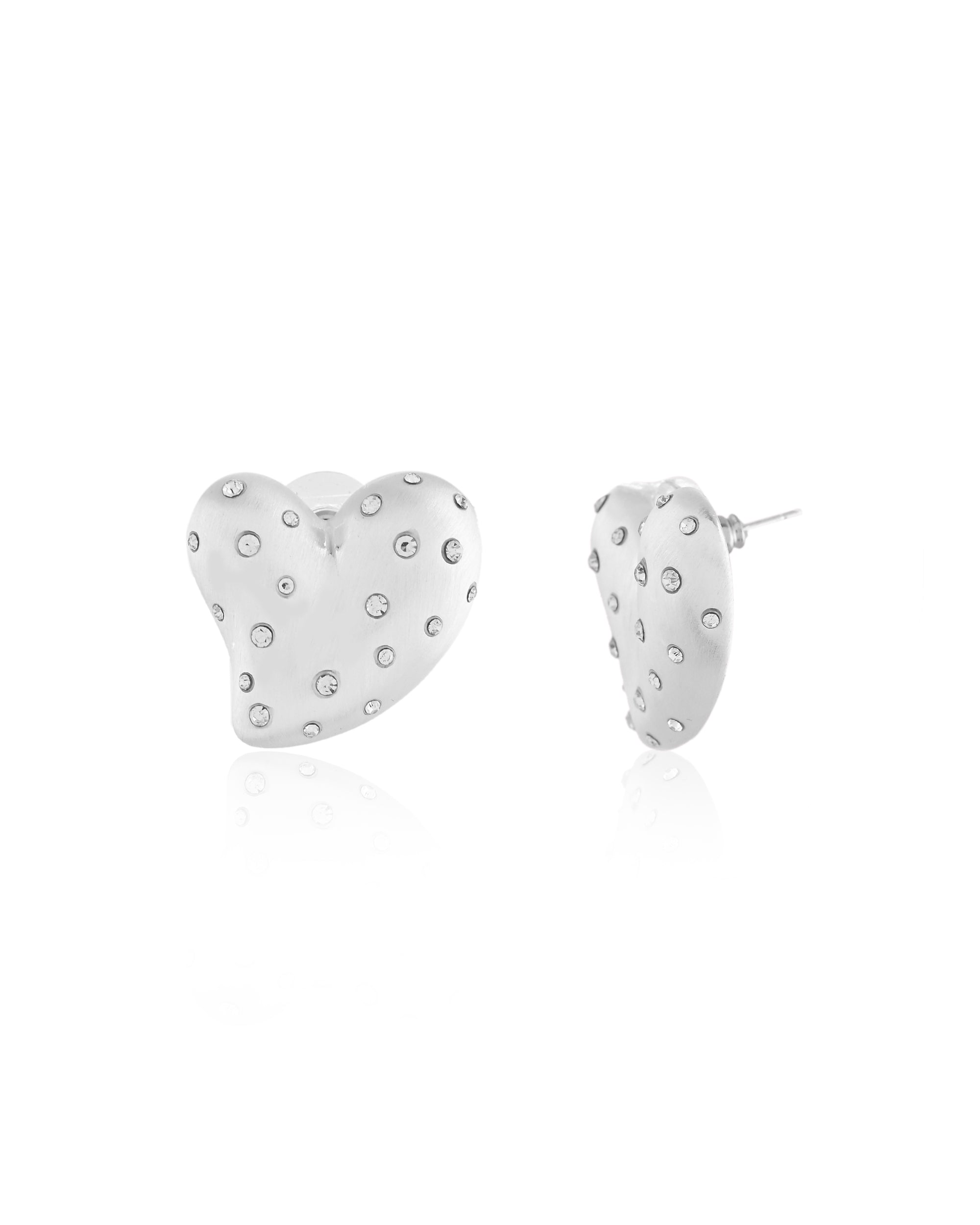 Matte Silver Puffy Heart Crystal Stud Earrings
