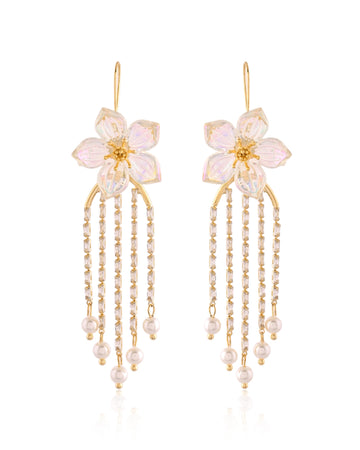 Iridescent Flower & Crystal Pearl Drop Dangle Earrings
