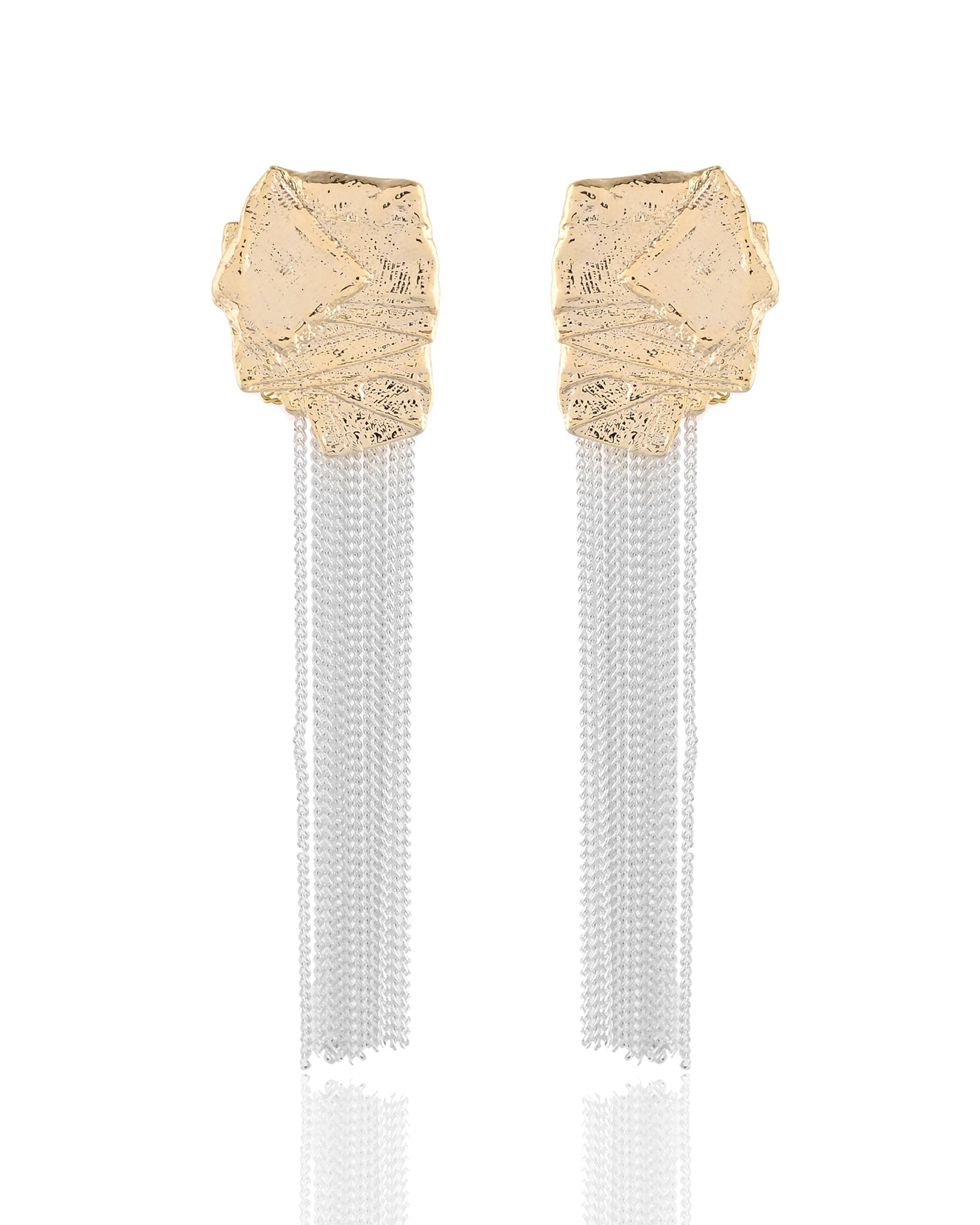 Abstract Gilded Stud & Silver Cascade Tassel Earrings