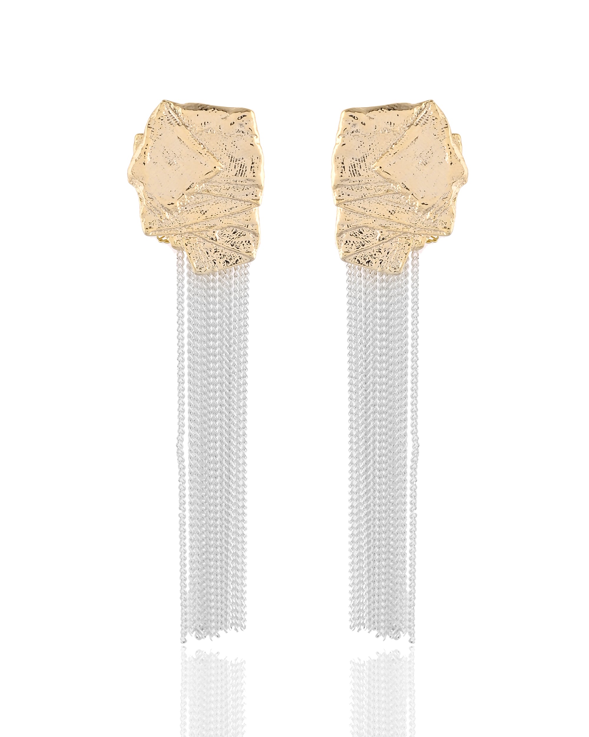 Abstract Gilded Stud & Silver Cascade Tassel Earrings