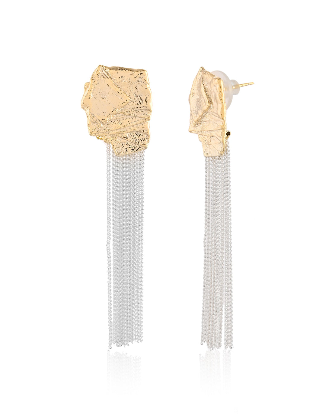 Abstract Gilded Stud & Silver Cascade Tassel Earrings