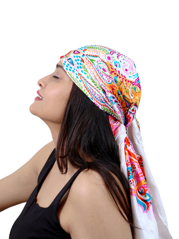 White Bandana Multicolor Print Wrap Scarf
