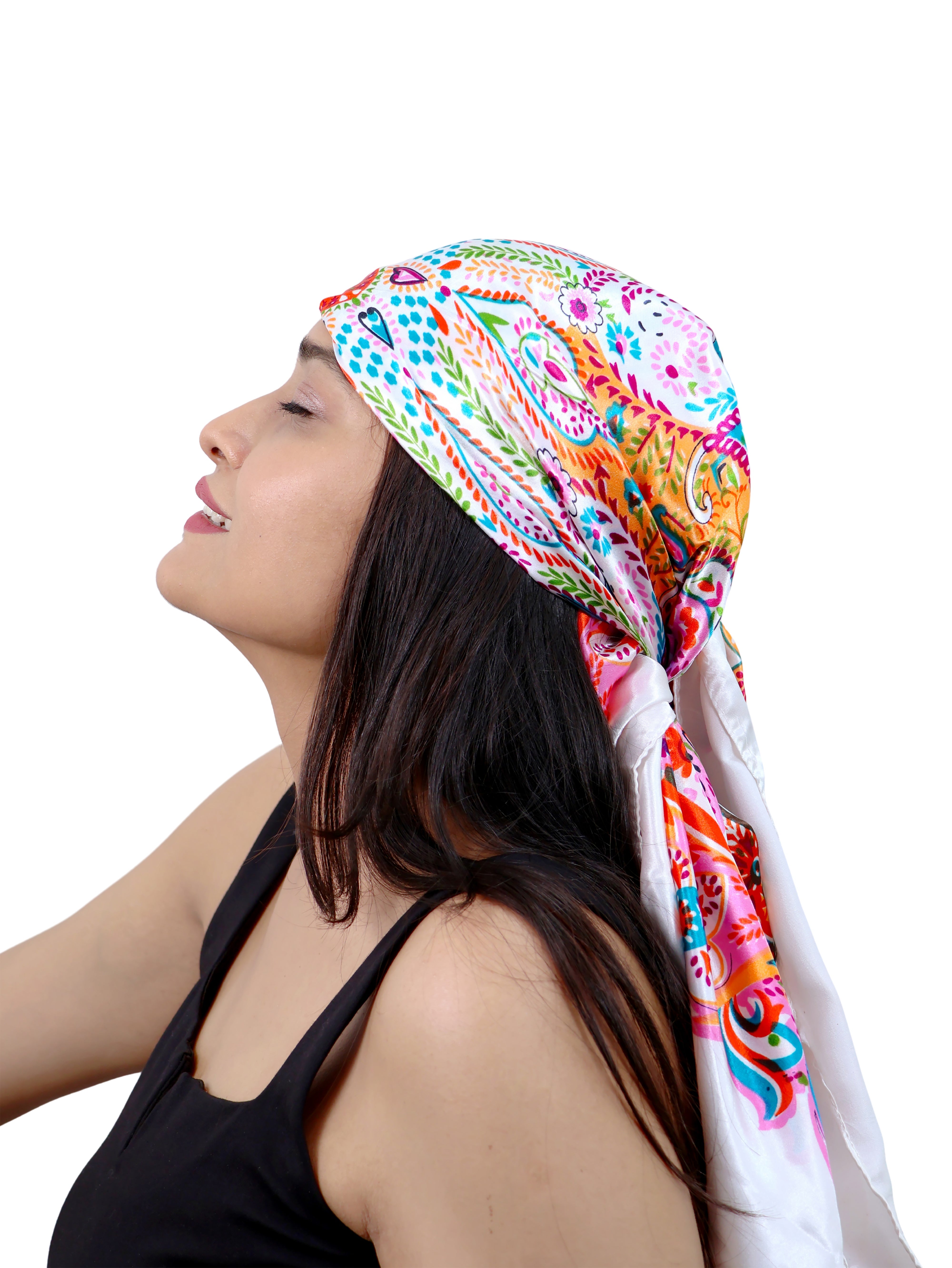 White Bandana Multicolor Print Wrap Scarf