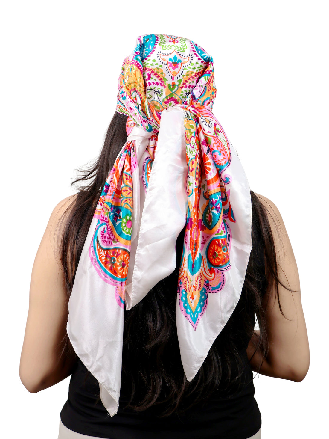 White Bandana Multicolor Print Wrap Scarf