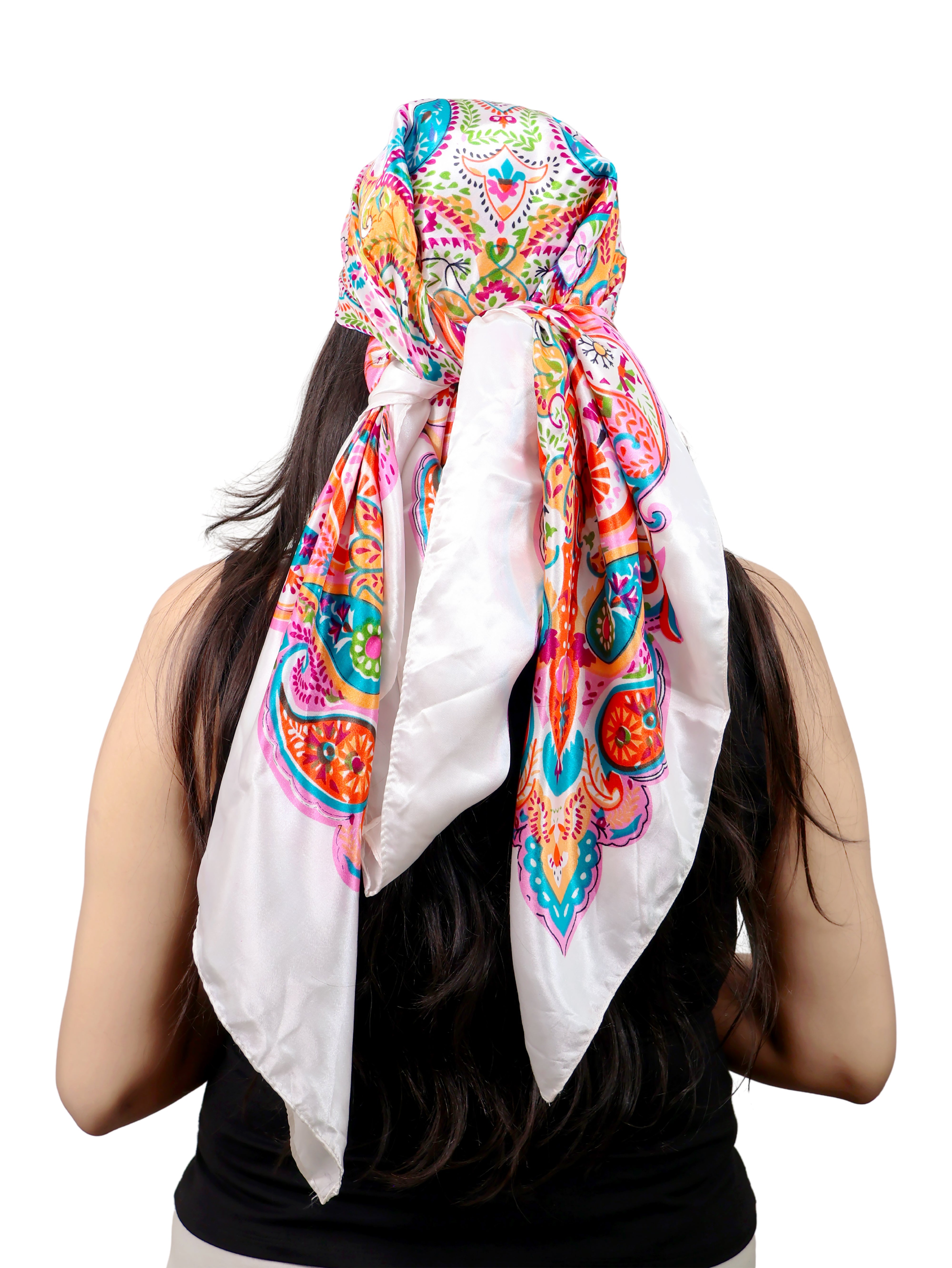 White Bandana Multicolor Print Wrap Scarf