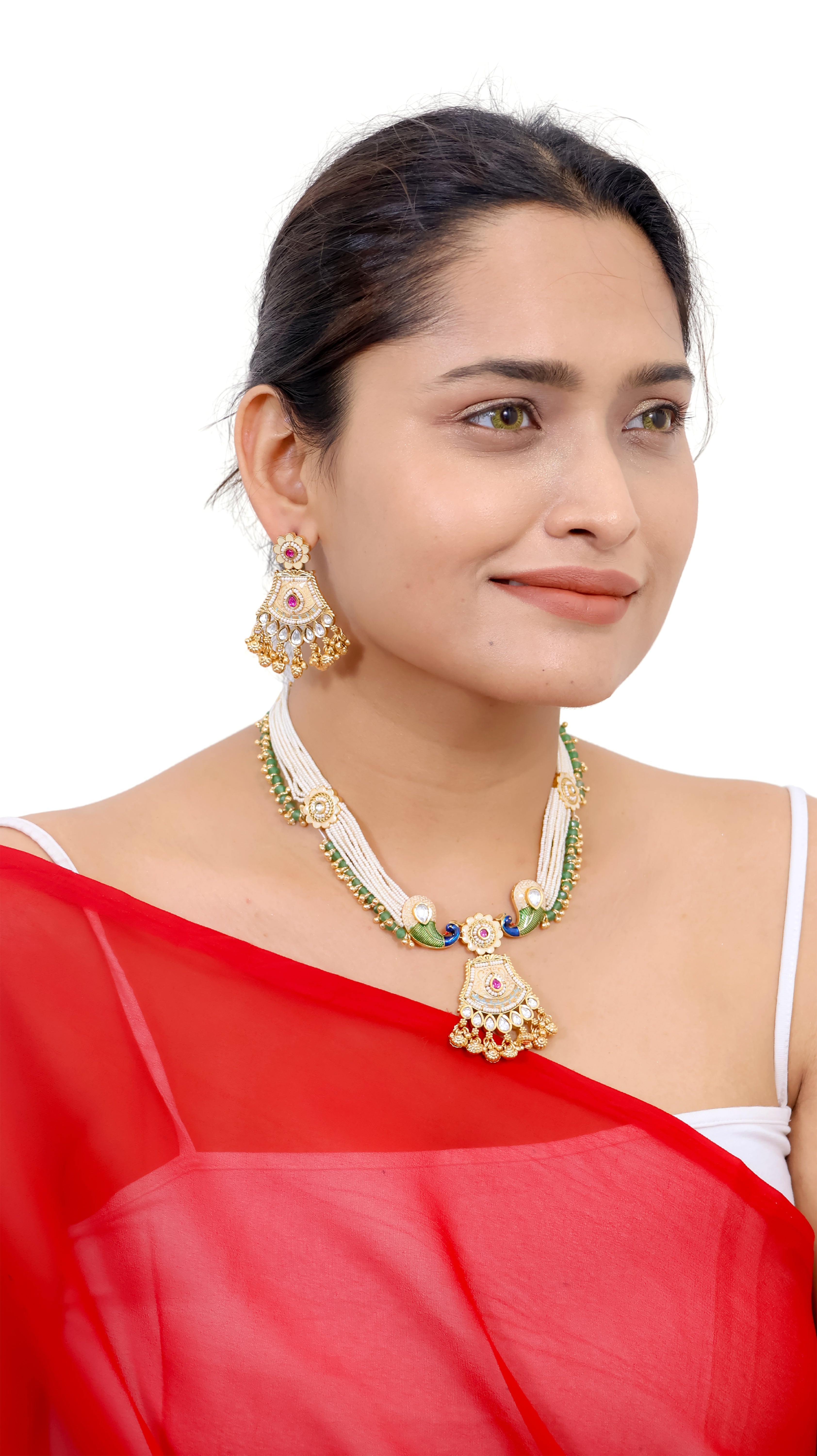 Royal Kundan Peacock Pearl Dangler Necklace Set